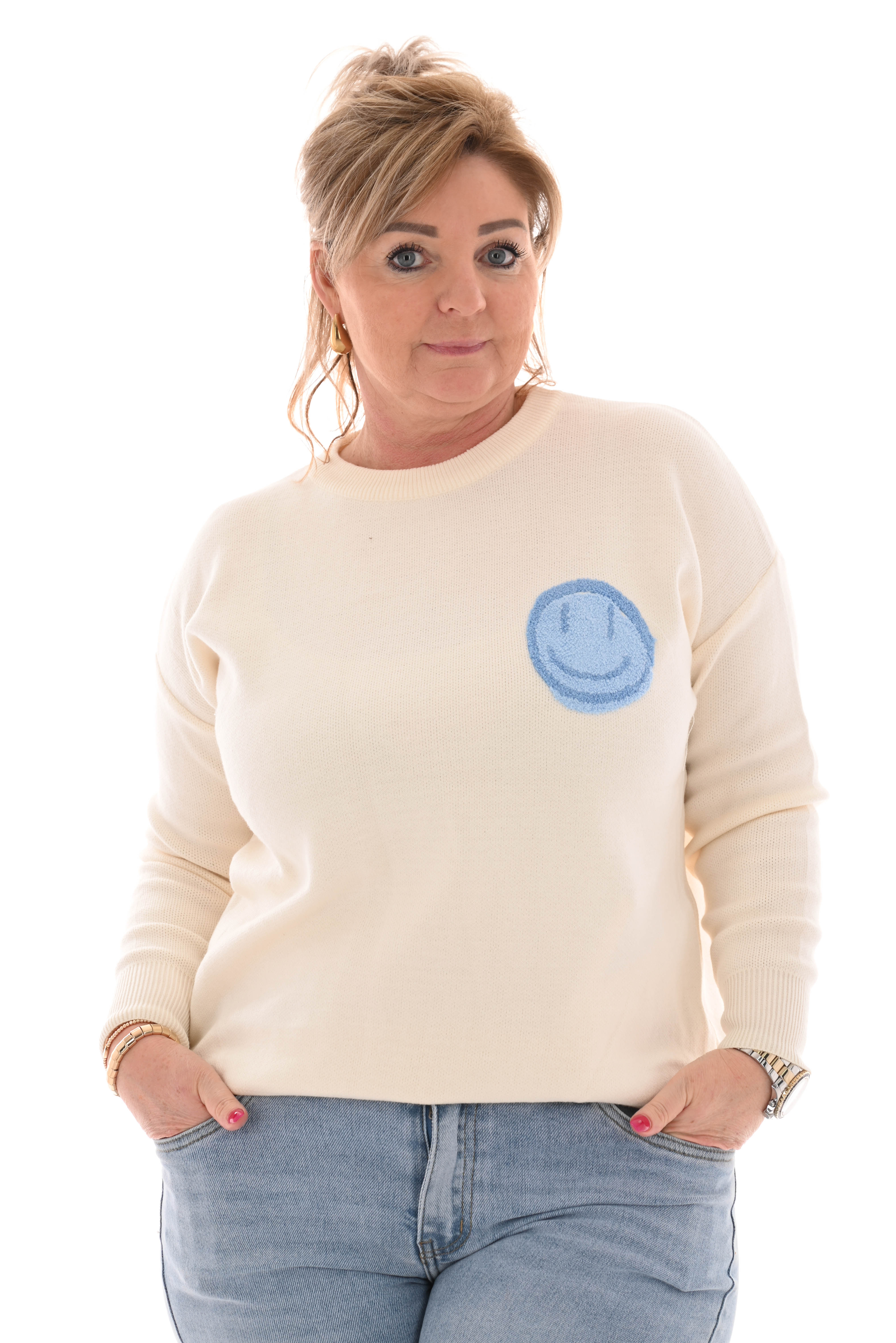 Trui smiley, hartjes en sterren blauw