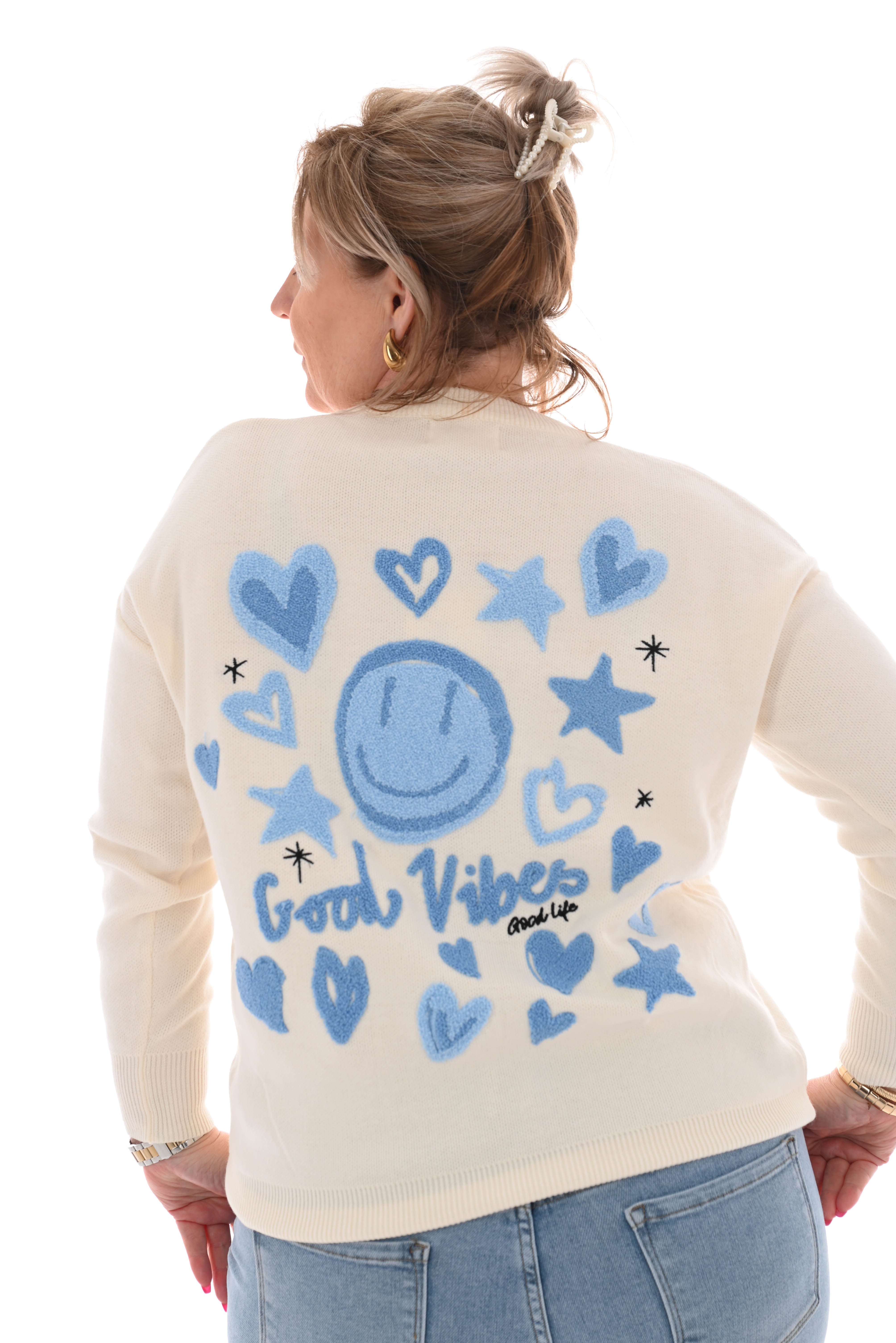 Trui smiley, hartjes en sterren blauw