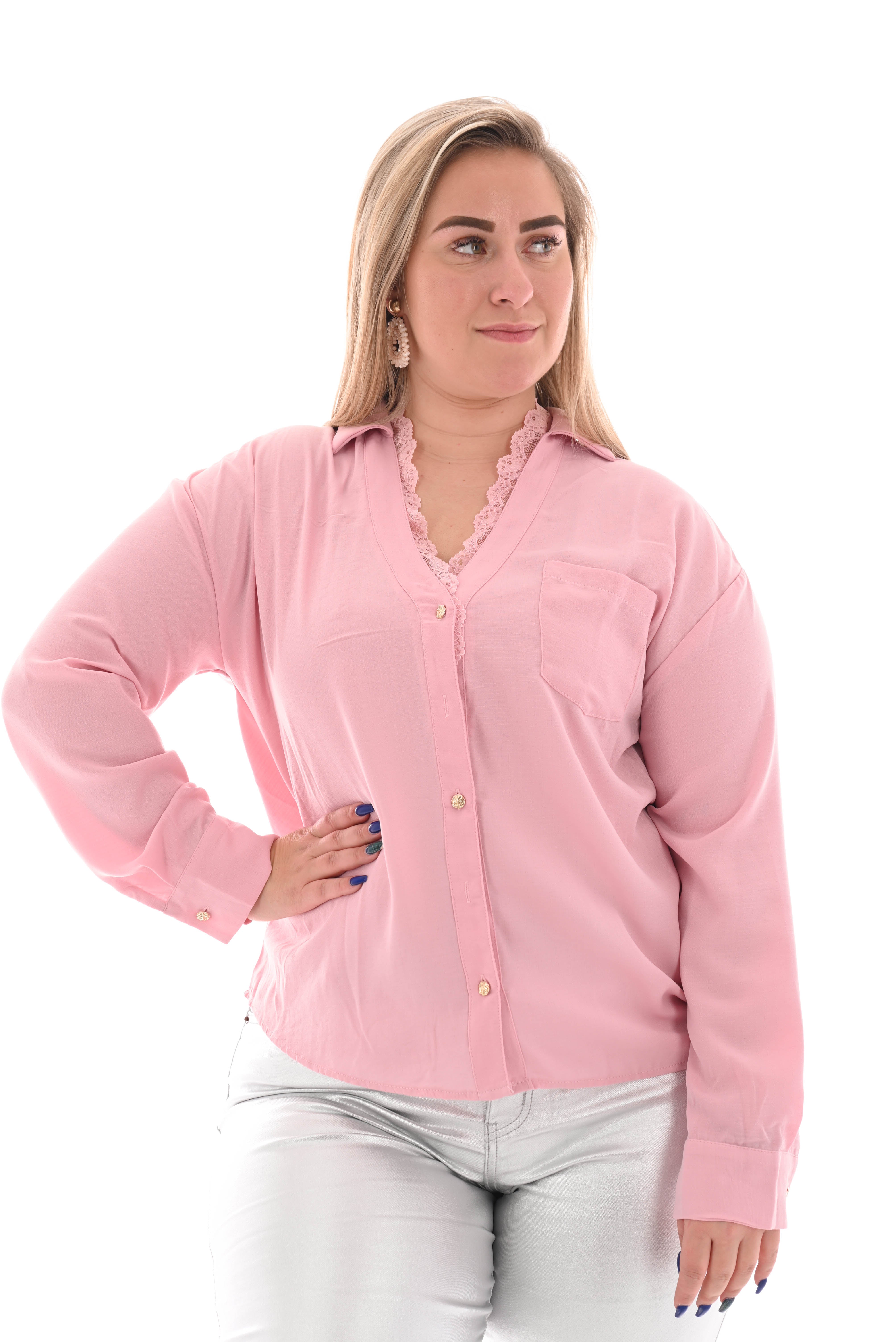 Blouse kanten v-hals roze