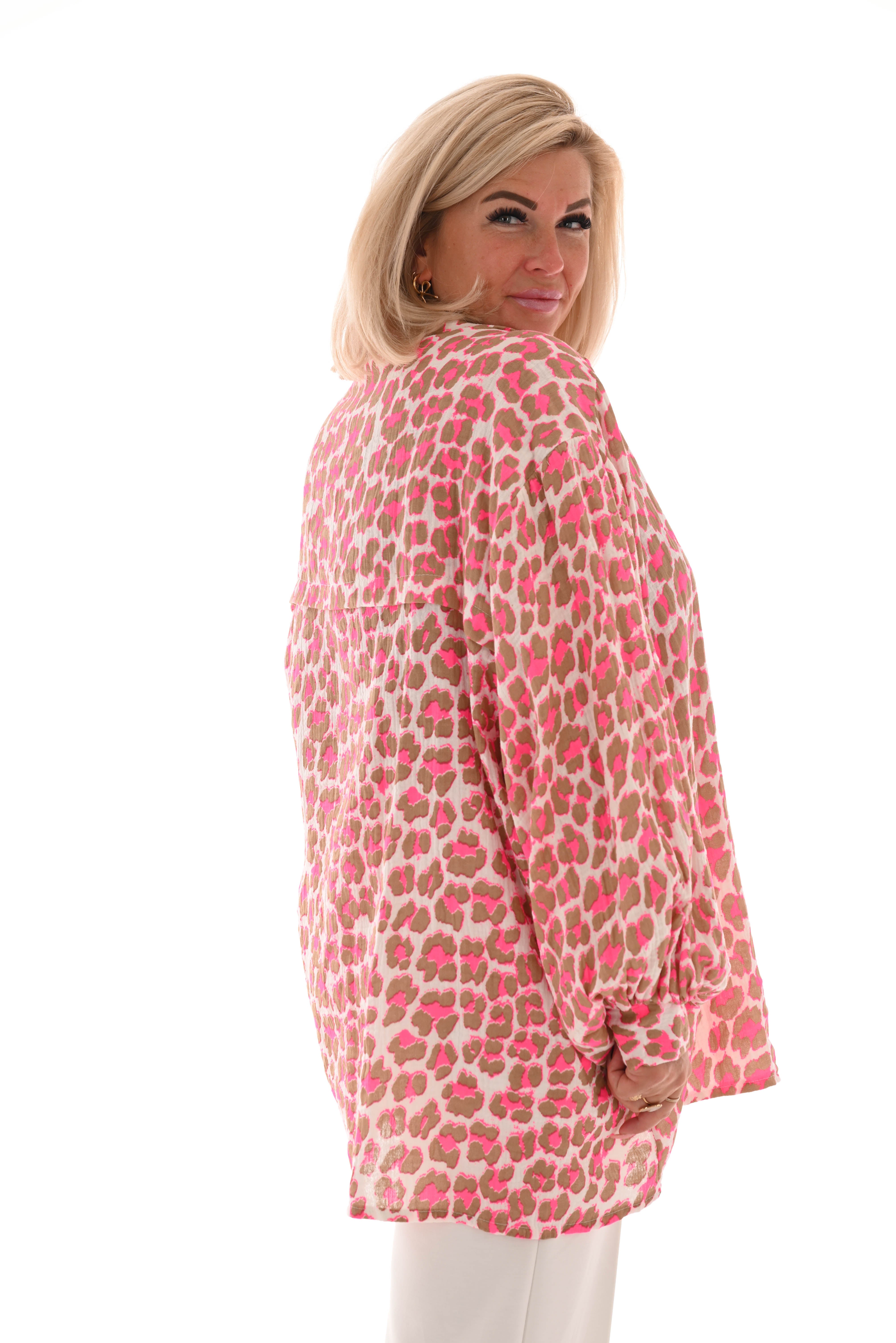 Lange doorknoop blouse panter pofmouwen wit/taupe