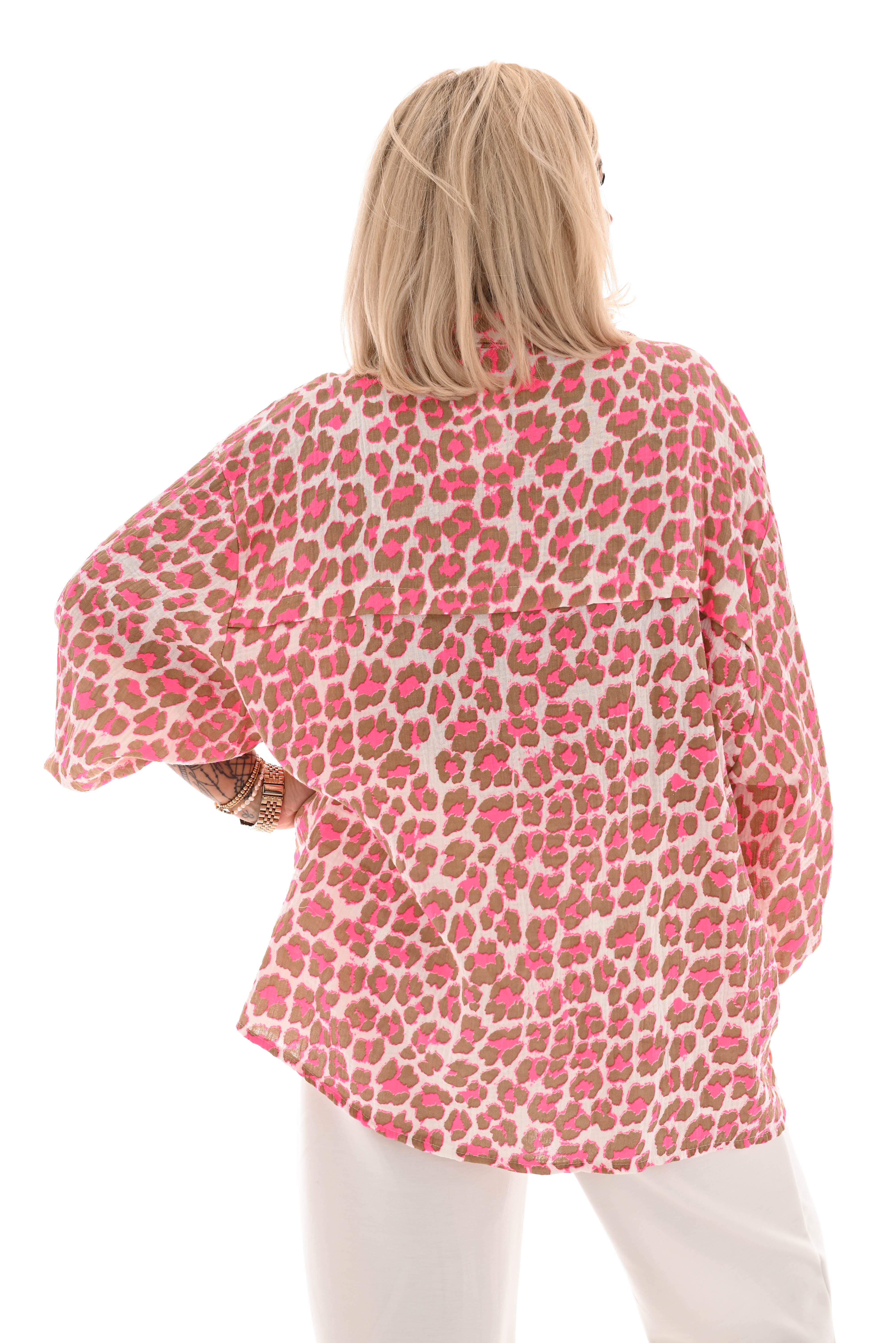 Lange doorknoop blouse panter pofmouwen wit/taupe