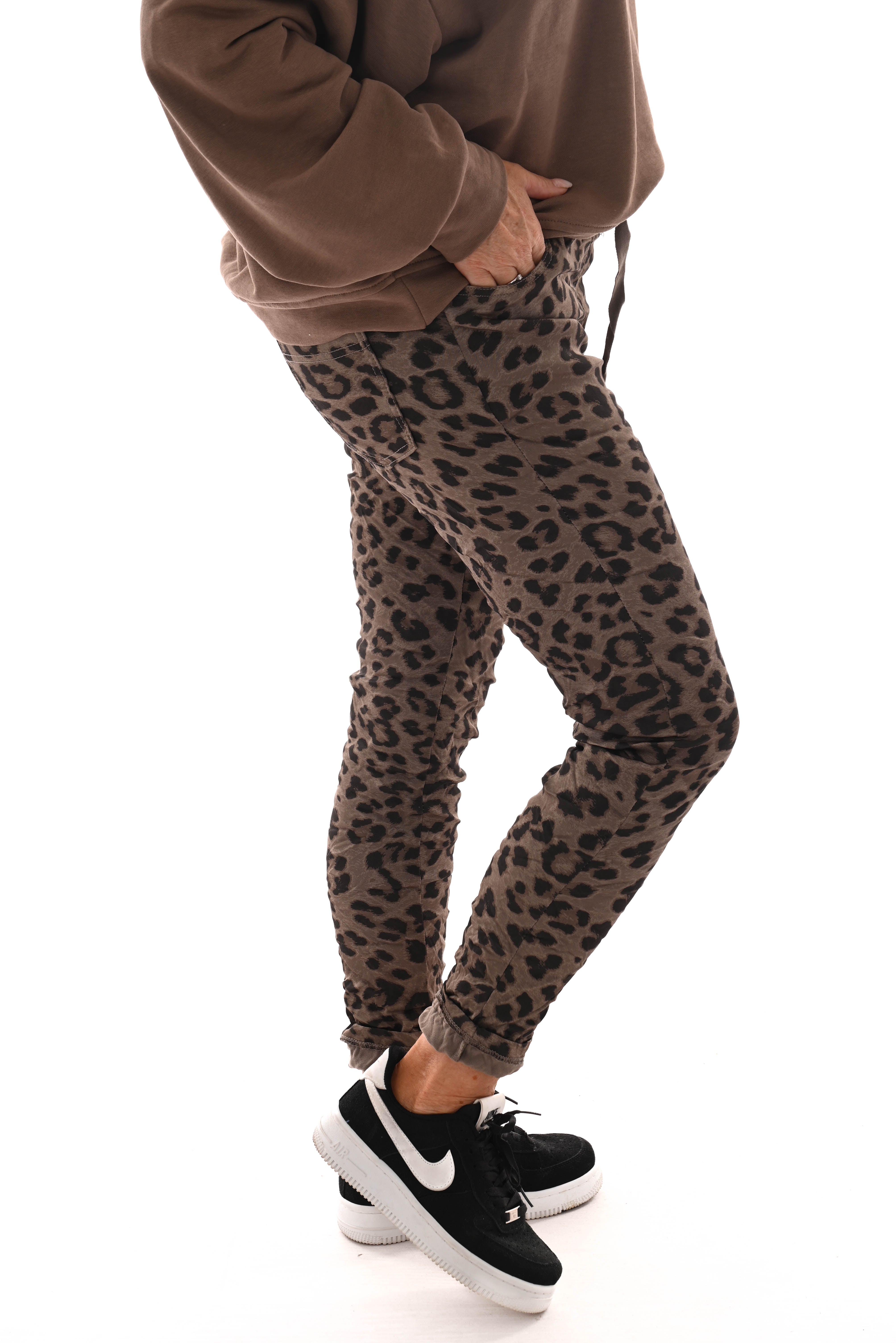 Silky stretchbroek panterprint taupe
