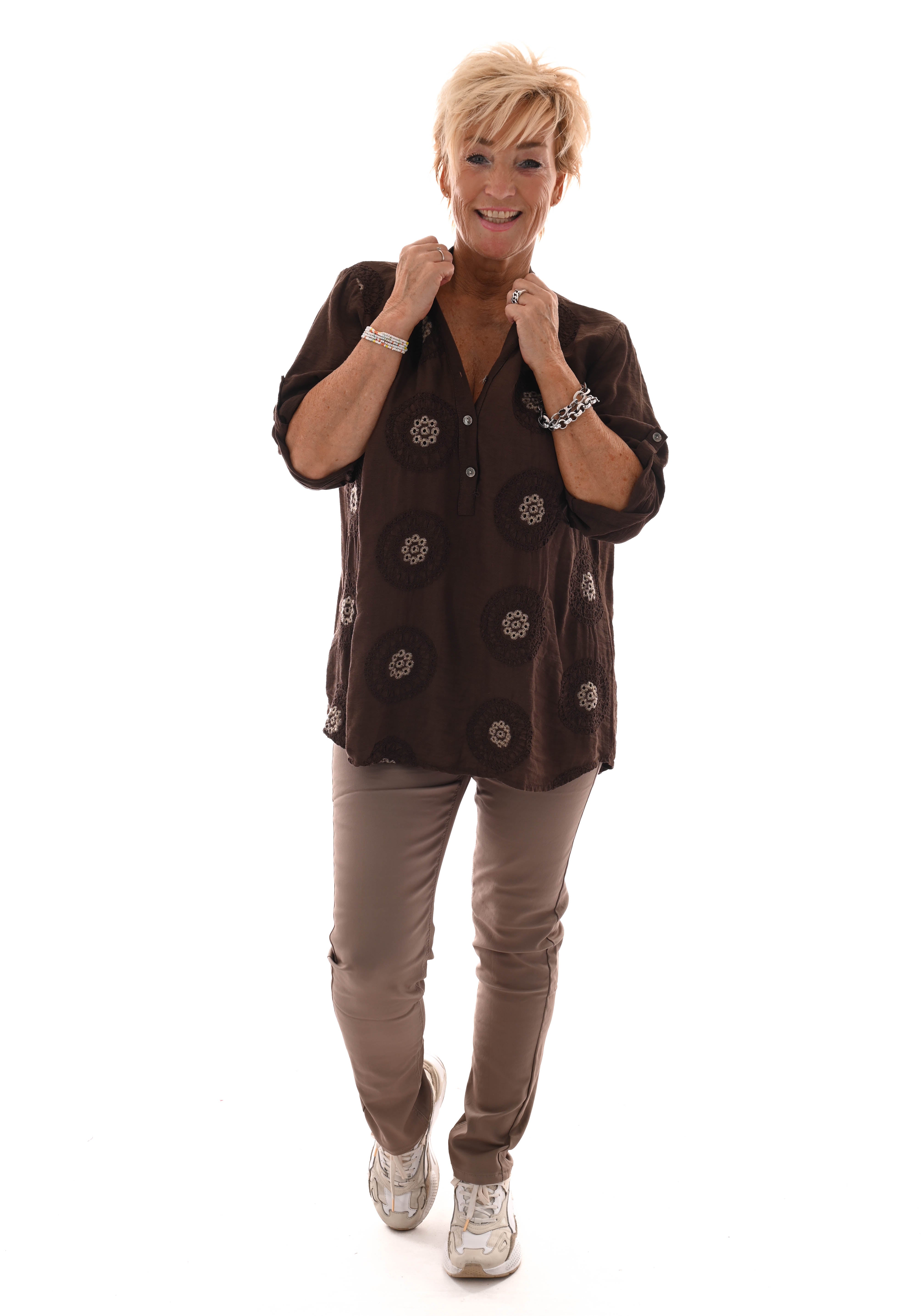 Blouse v-hals ophaalmouwen mandala bruin