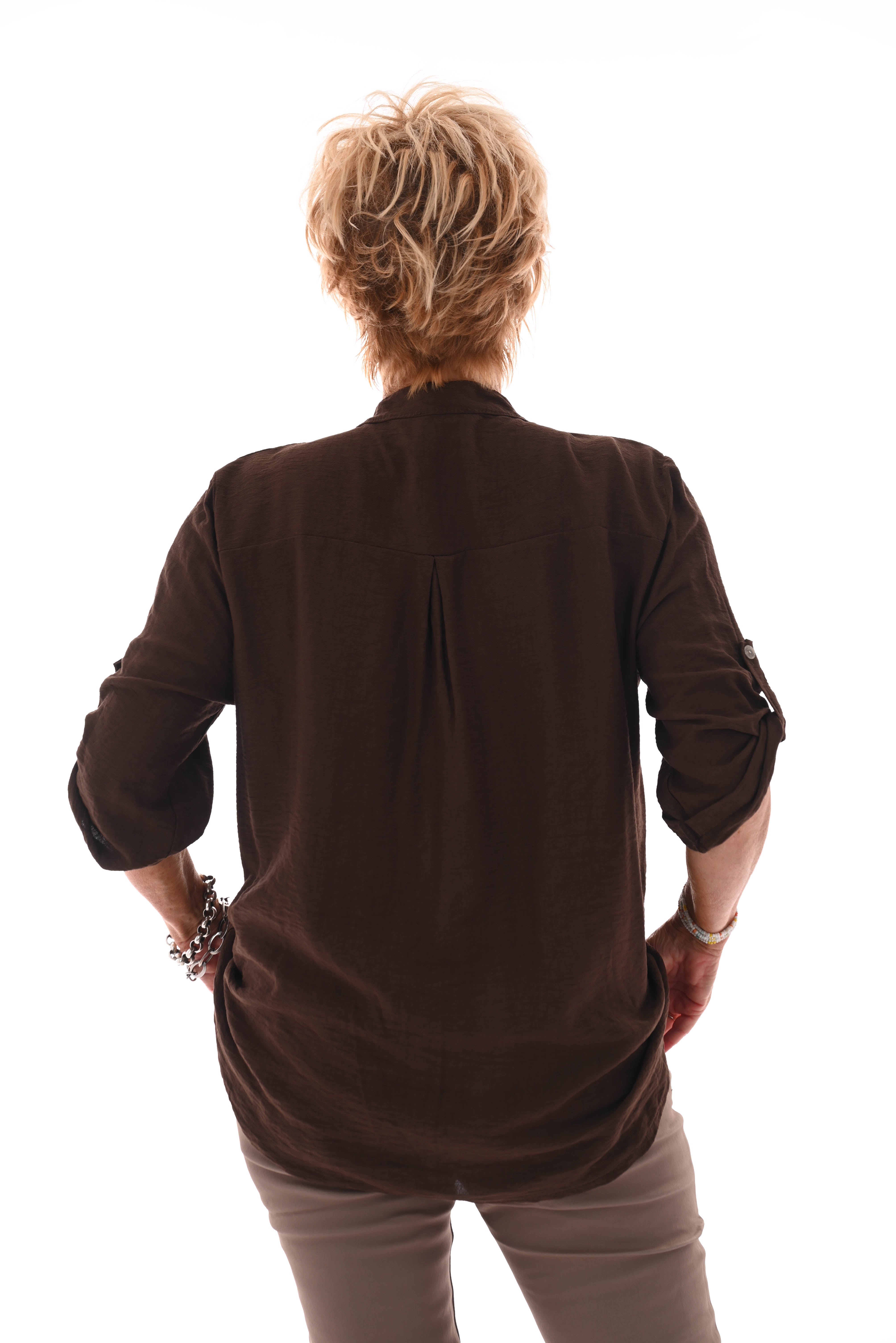 Blouse v-hals ophaalmouwen mandala bruin
