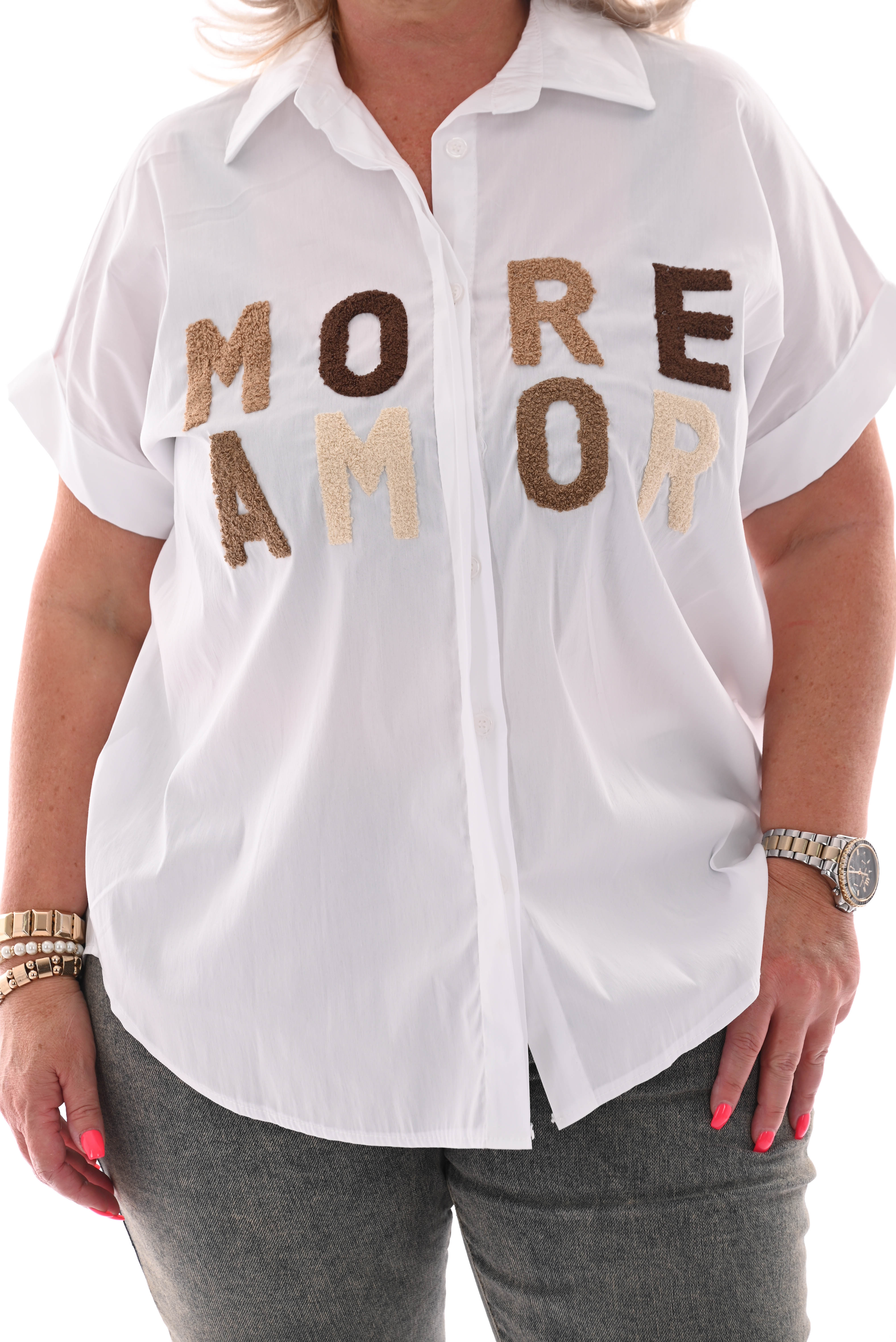 Blouse korte mouwen more amor roomwit