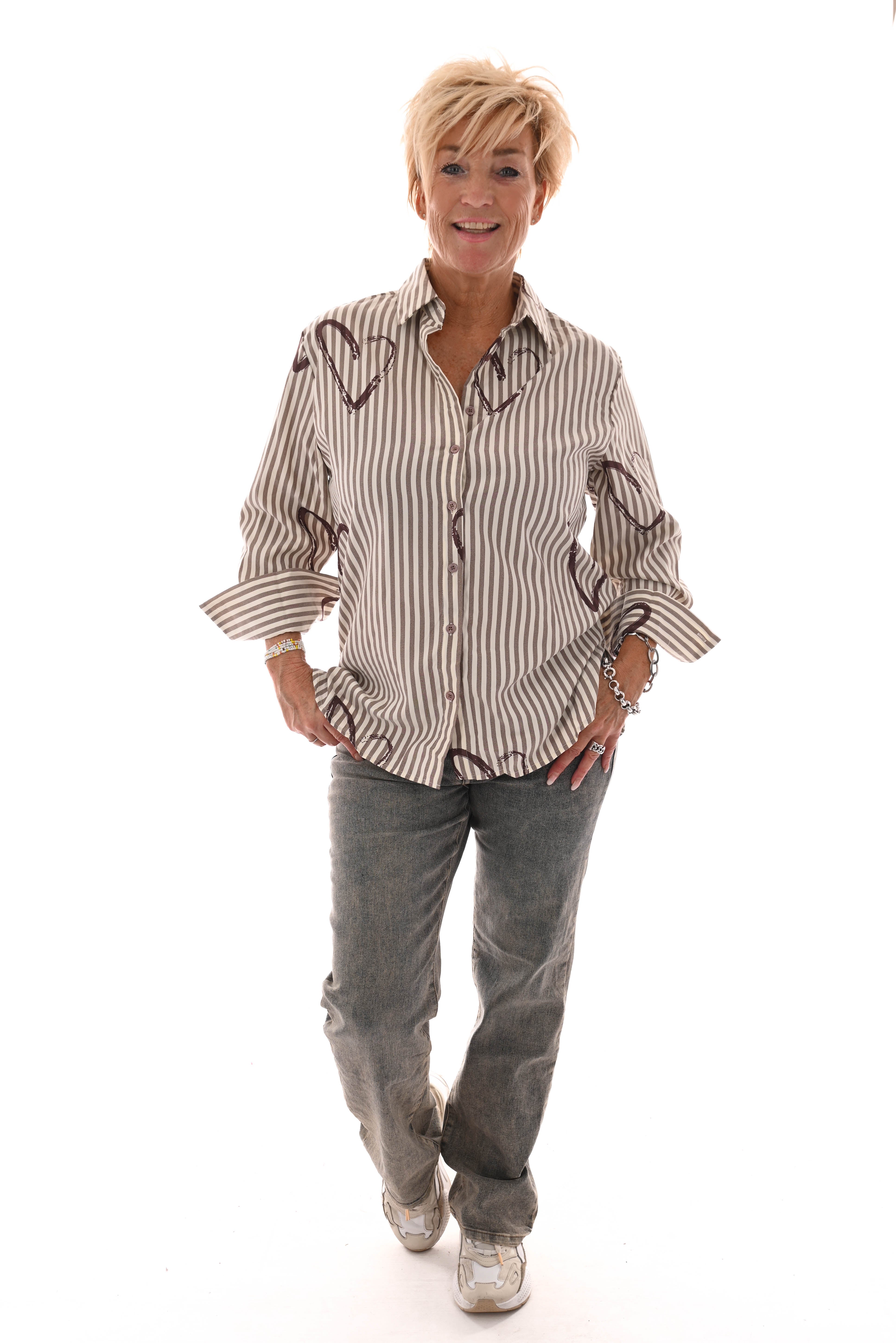Blouse streep hartjes creme/bruin