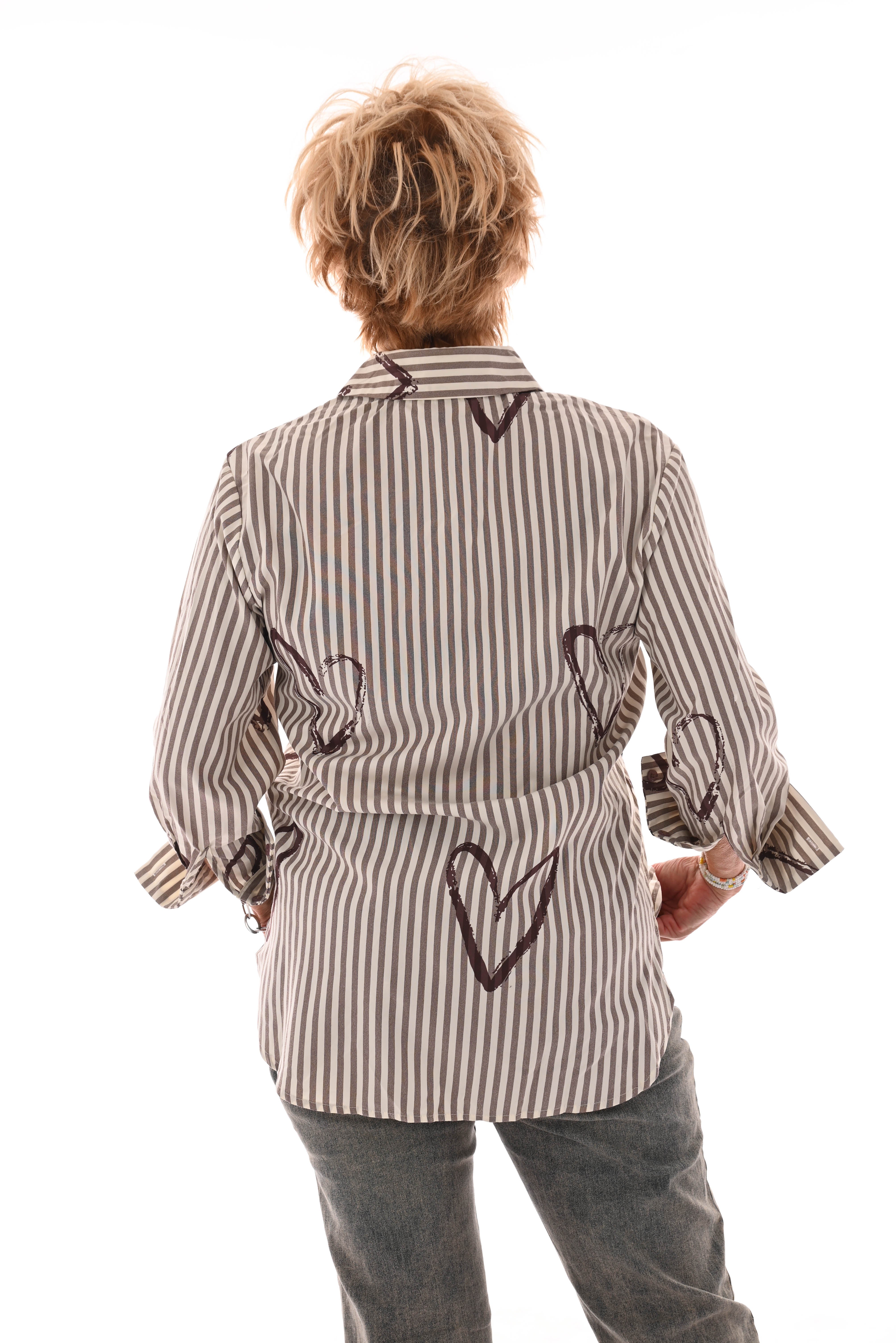 Blouse streep hartjes creme/bruin