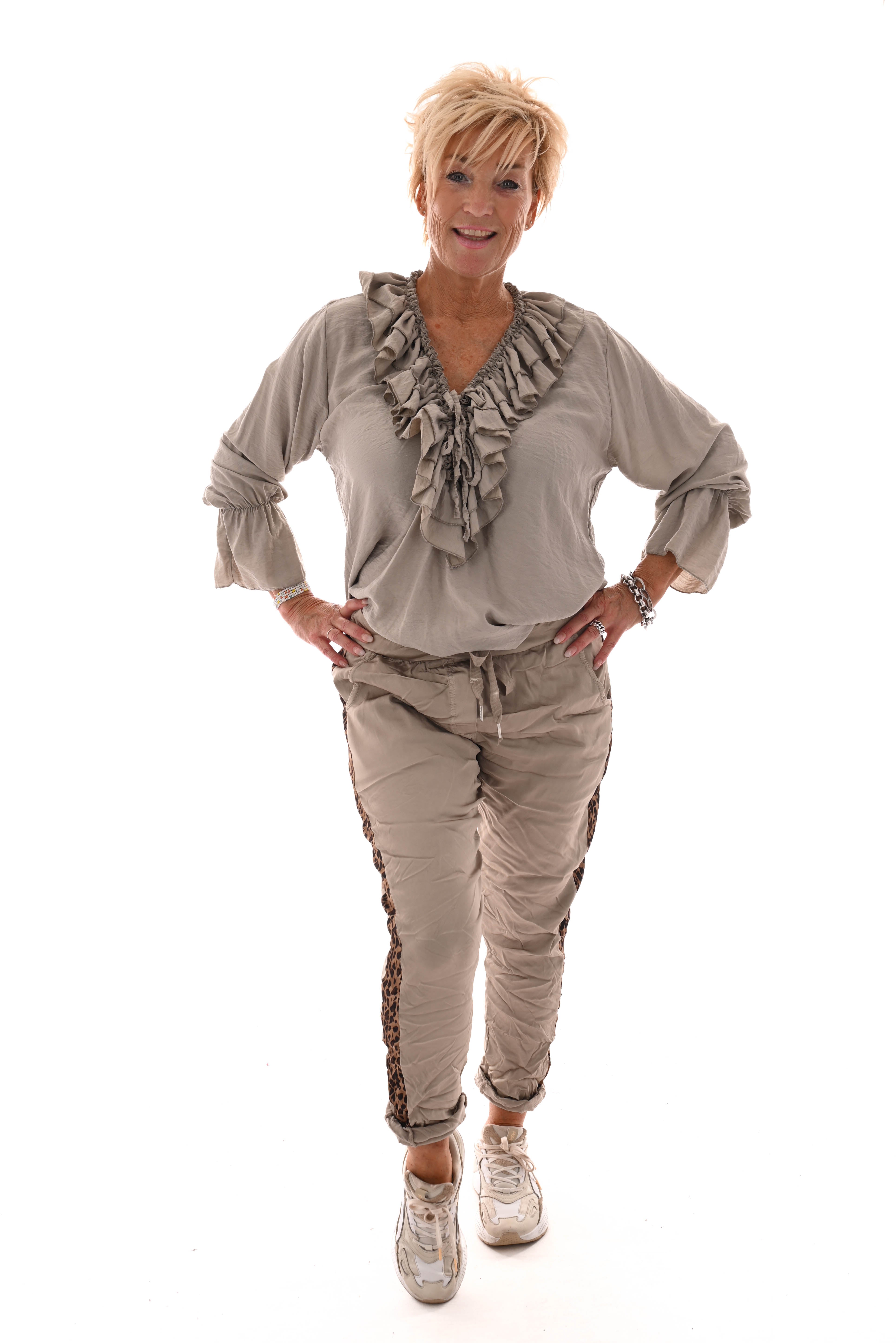 Silky stretchbroek panterbies beige