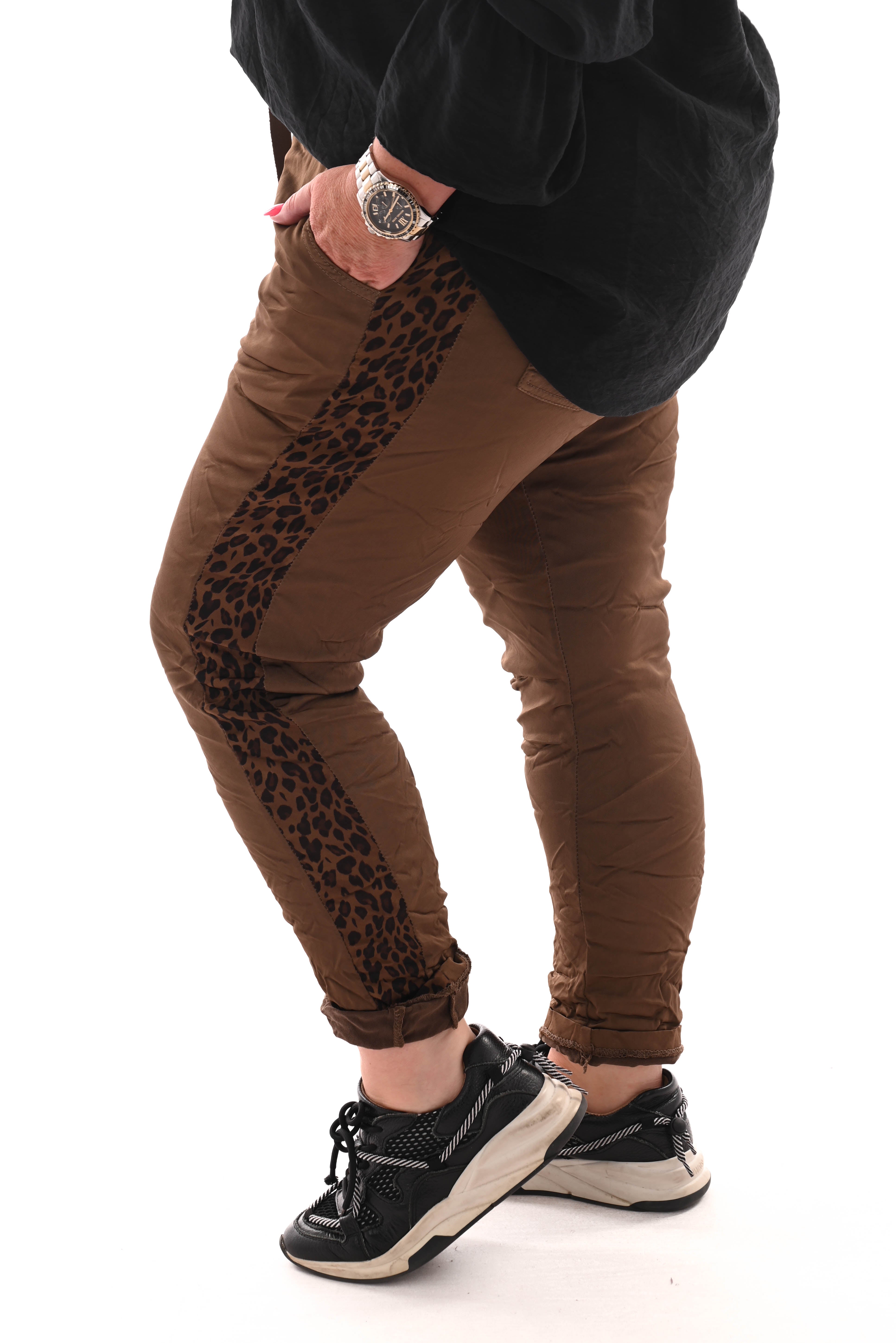 Silky stretchbroek panterbies bruin