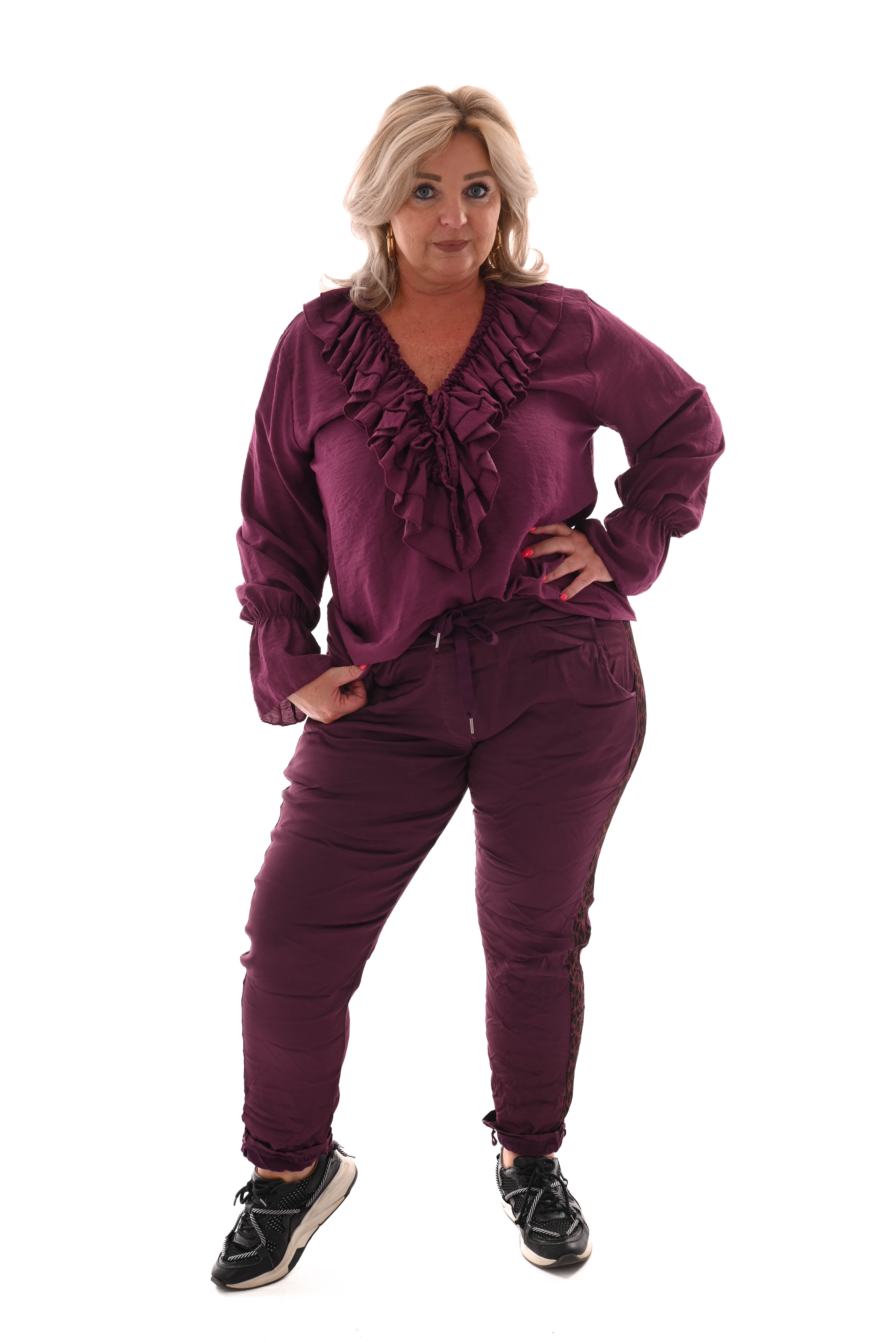 Silky stretchbroek panterbies paars