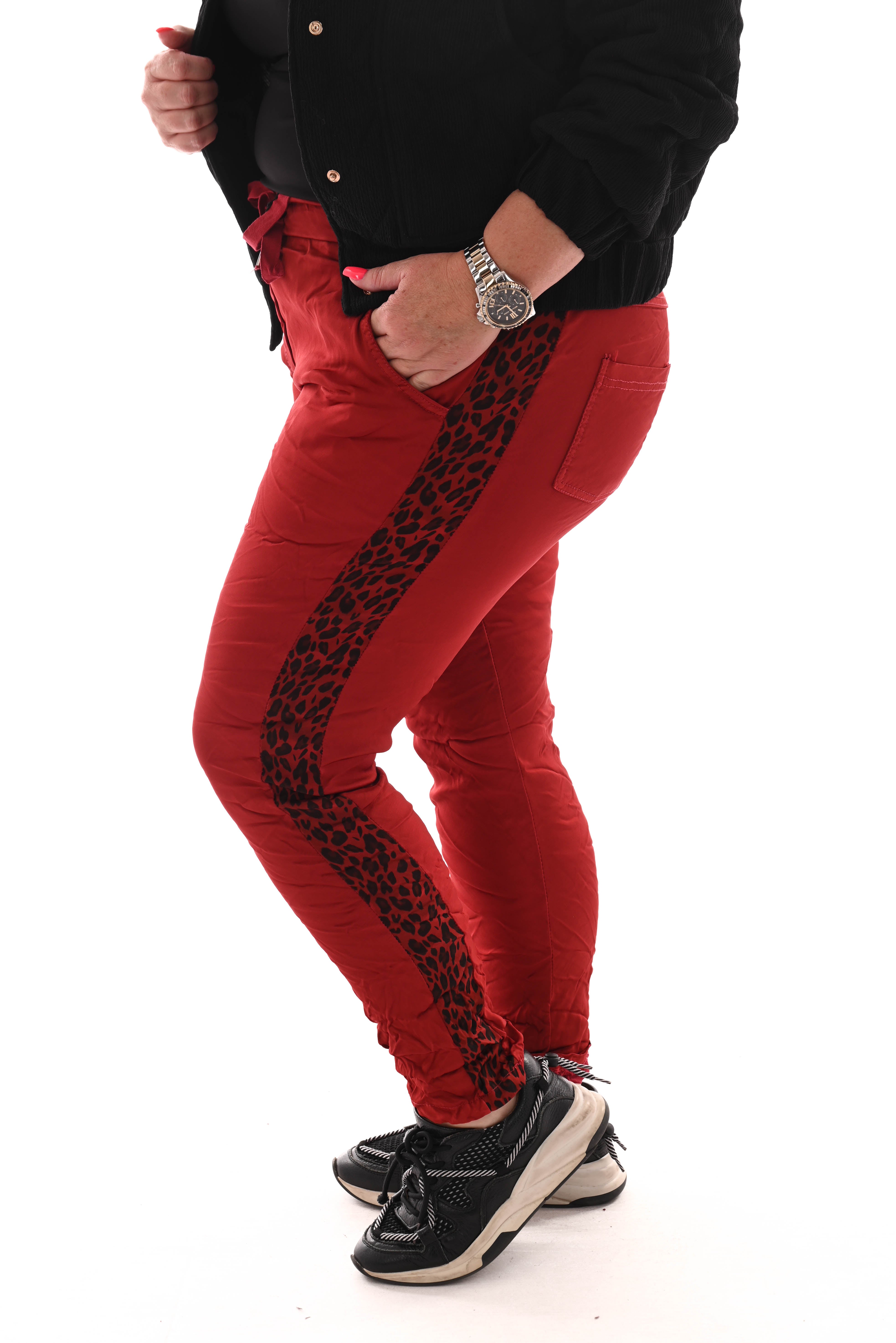 Silky stretchbroek panterbies rood