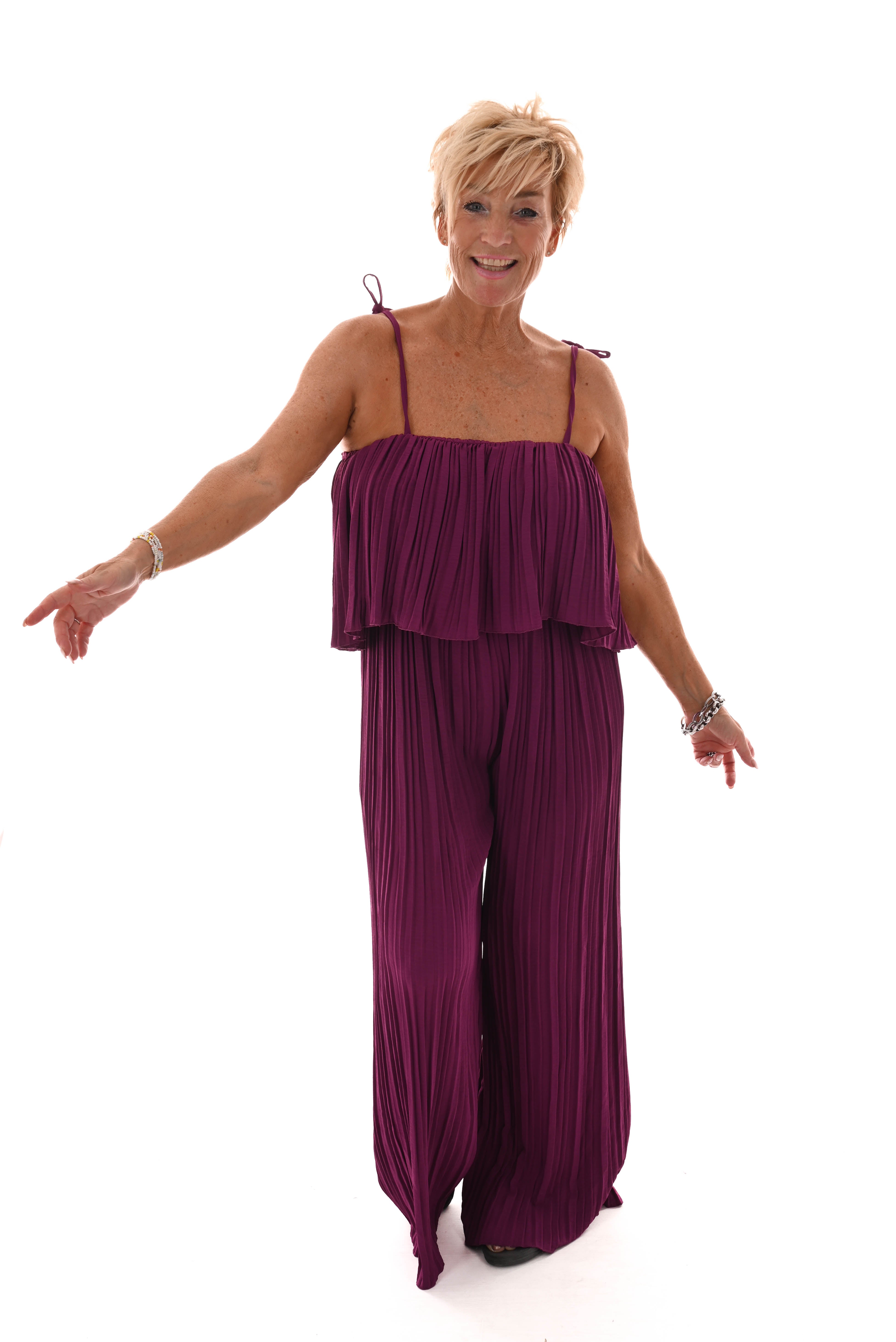 Jumpsuit mouwloos plisse magenta