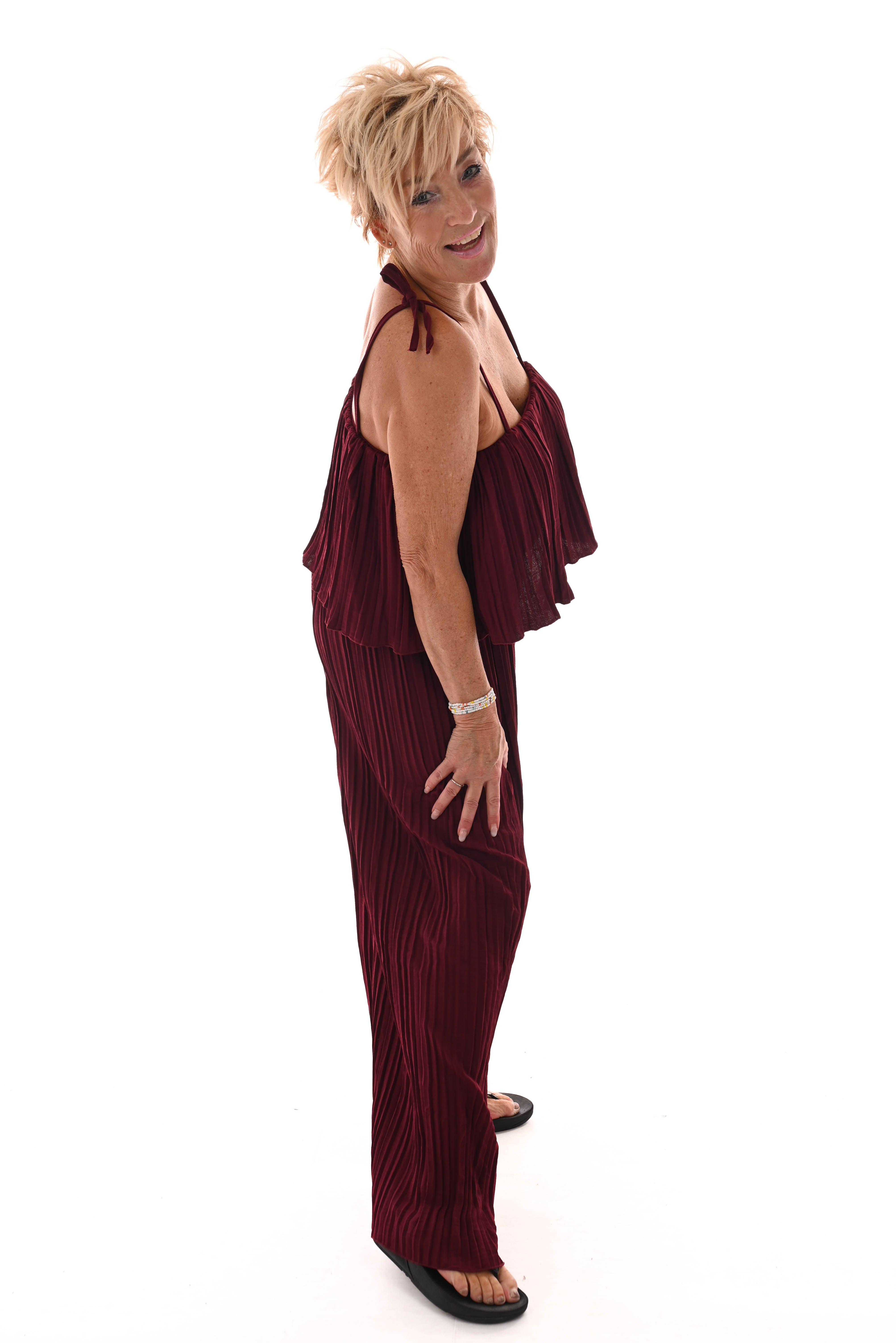 Jumpsuit mouwloos plisse bordeaux