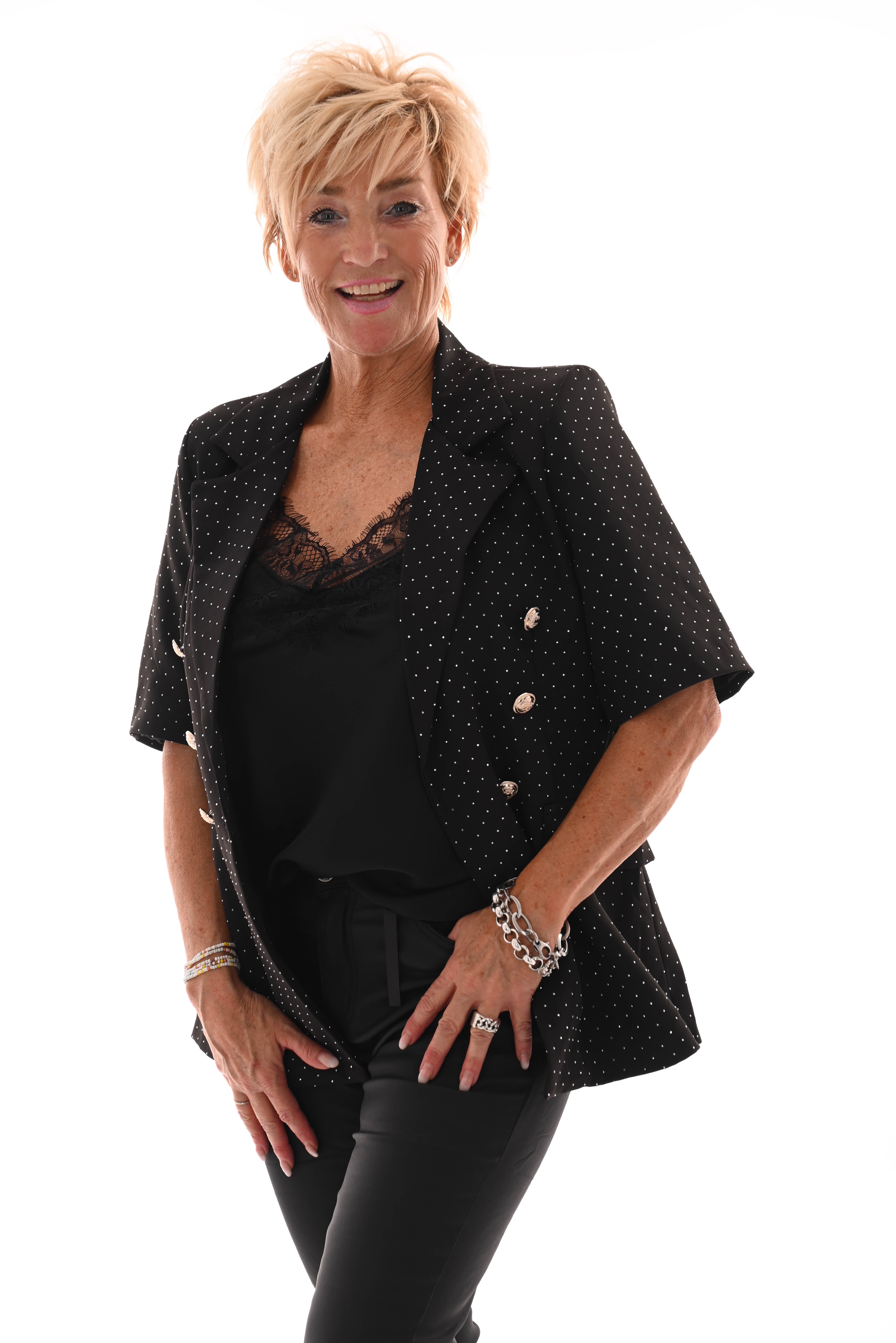 Blazer korte mouwen strass en knopen zwart/zilver