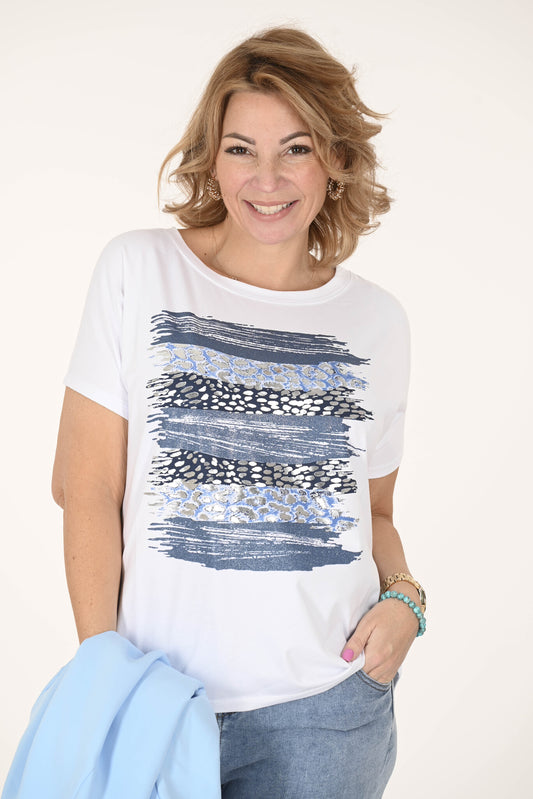 T-shirt met print panter print met streep zilver/jeansblauw