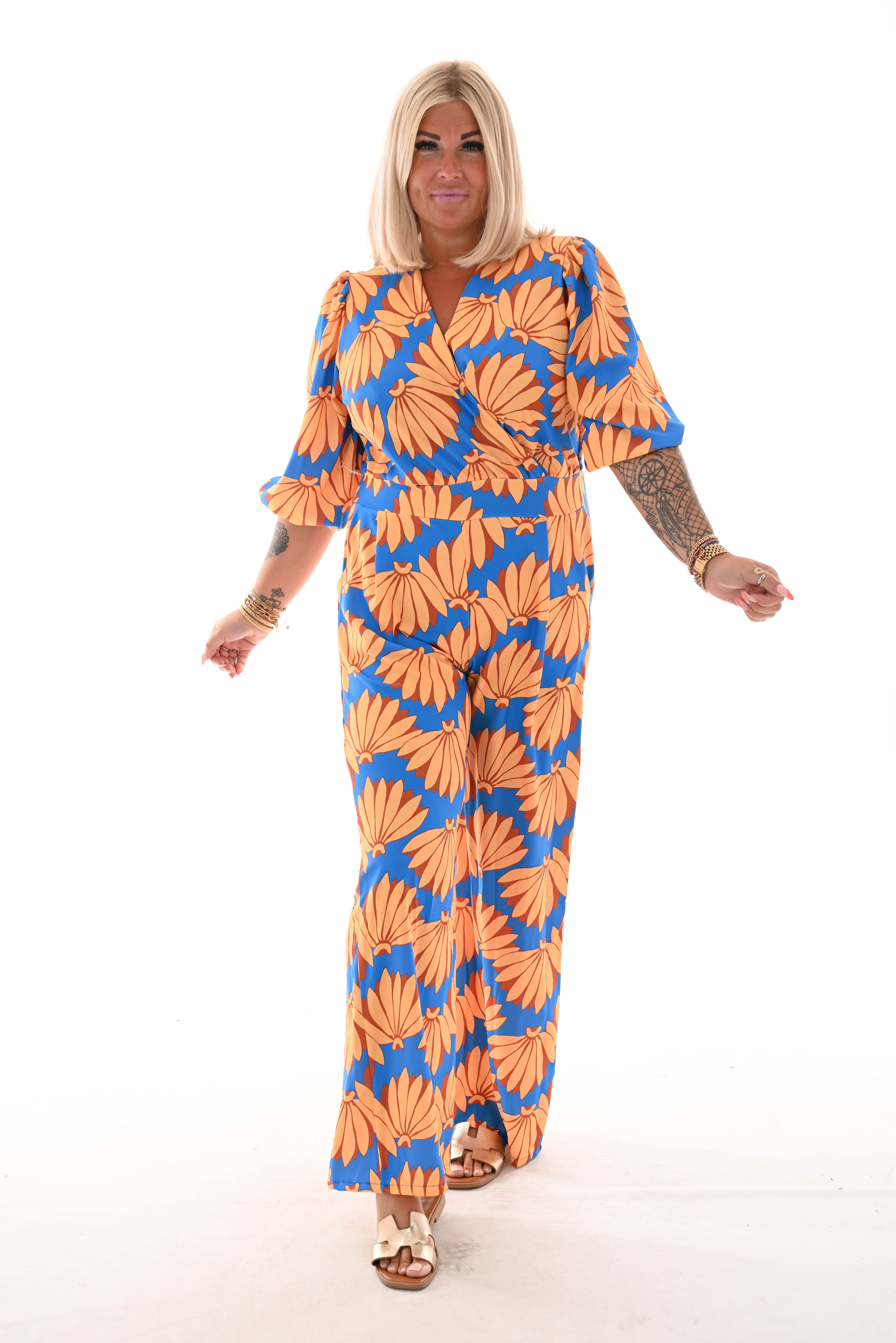 Jumpsuit overslag print bloemen kobaltblauw/geel