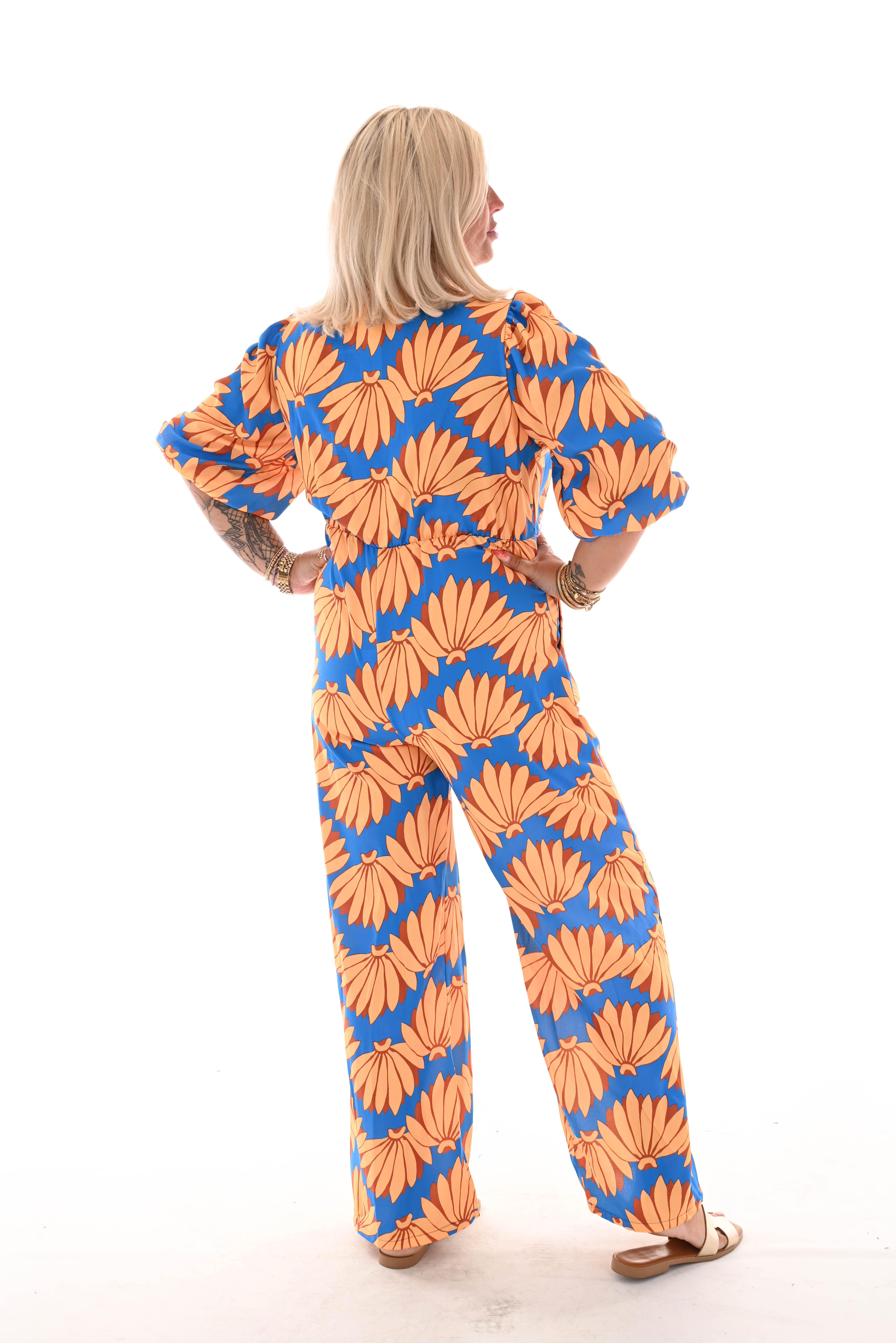Jumpsuit overslag print bloemen kobaltblauw/geel