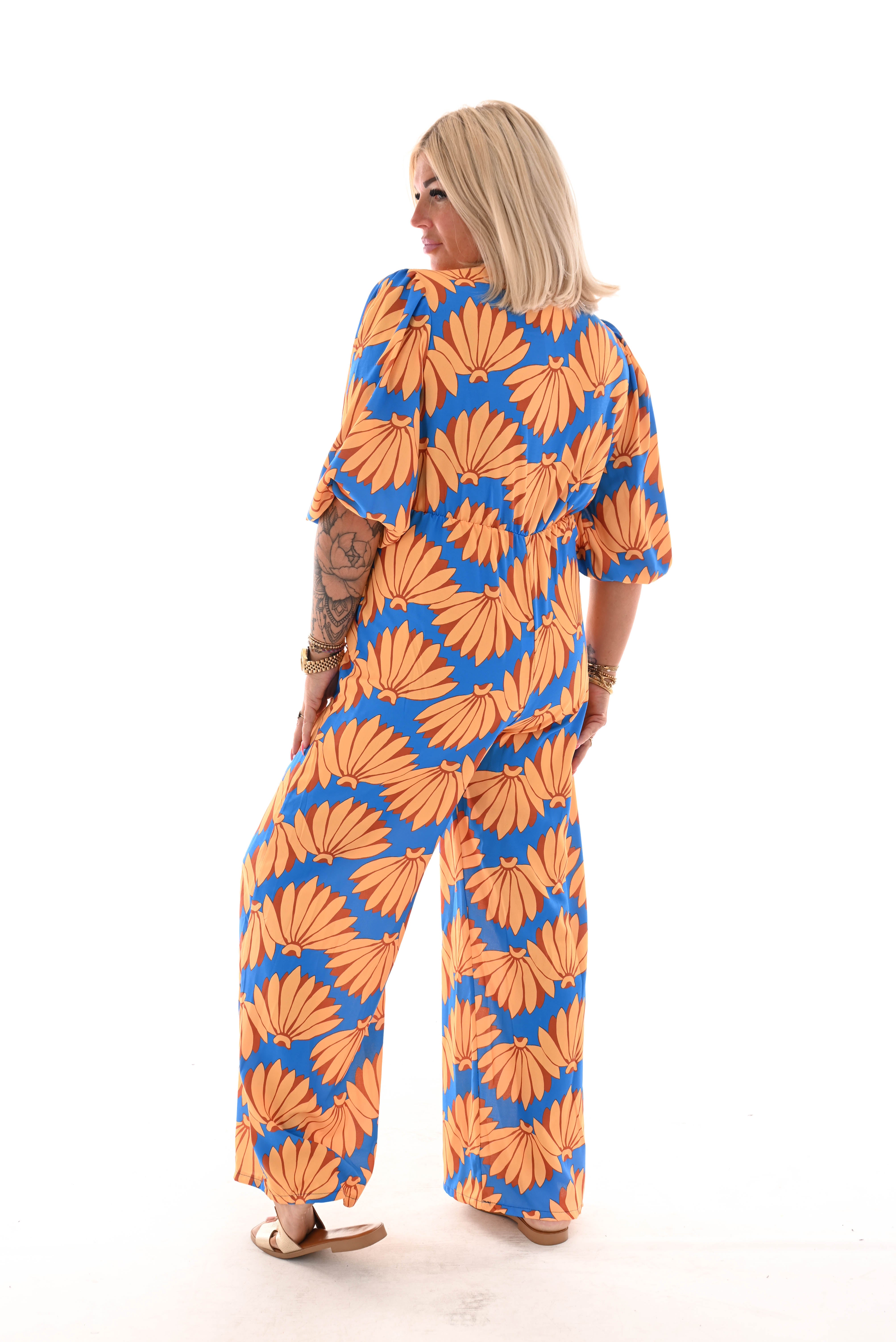 Jumpsuit overslag print bloemen kobaltblauw/geel