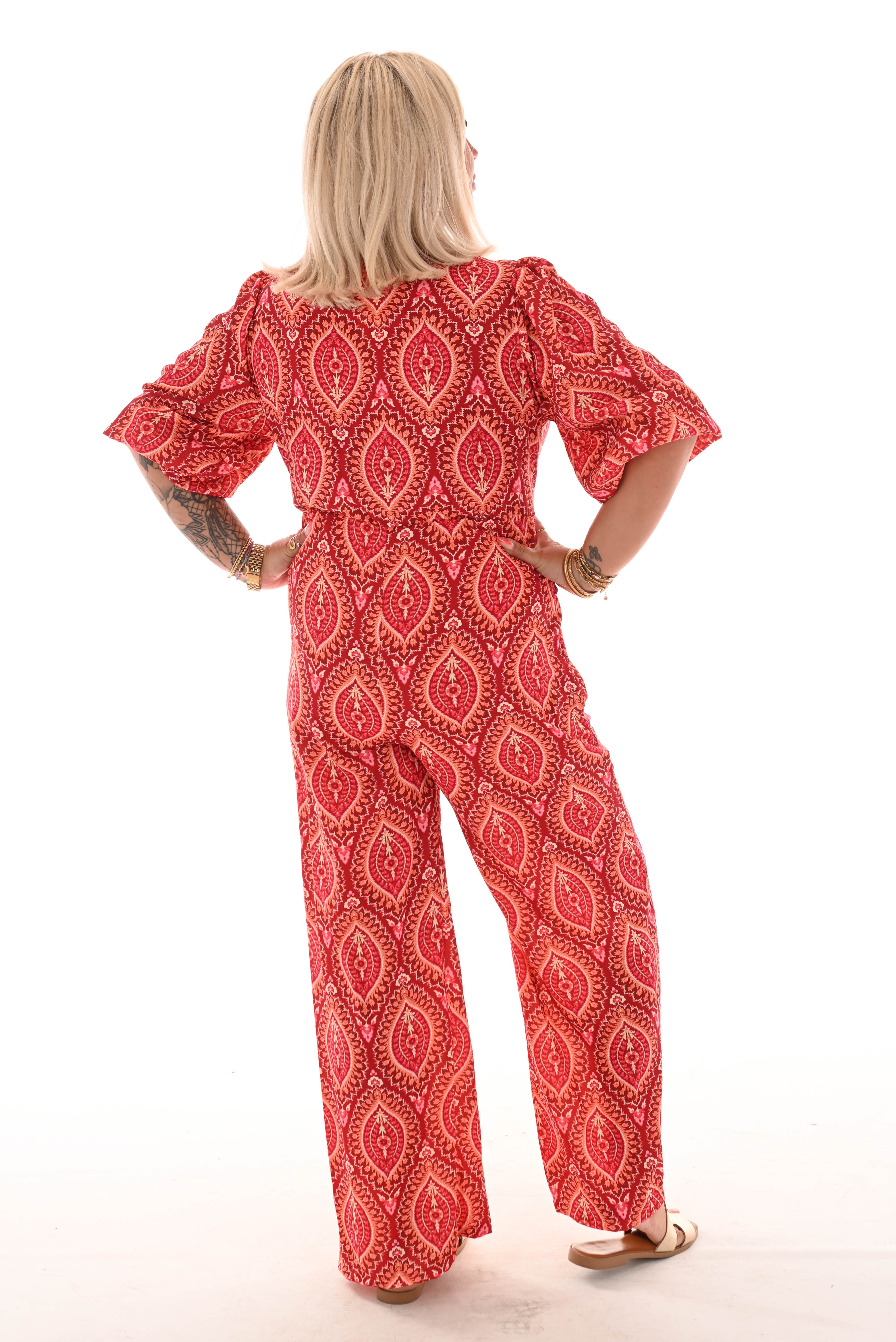 Jumpsuit overslag print paisley brick/oranje
