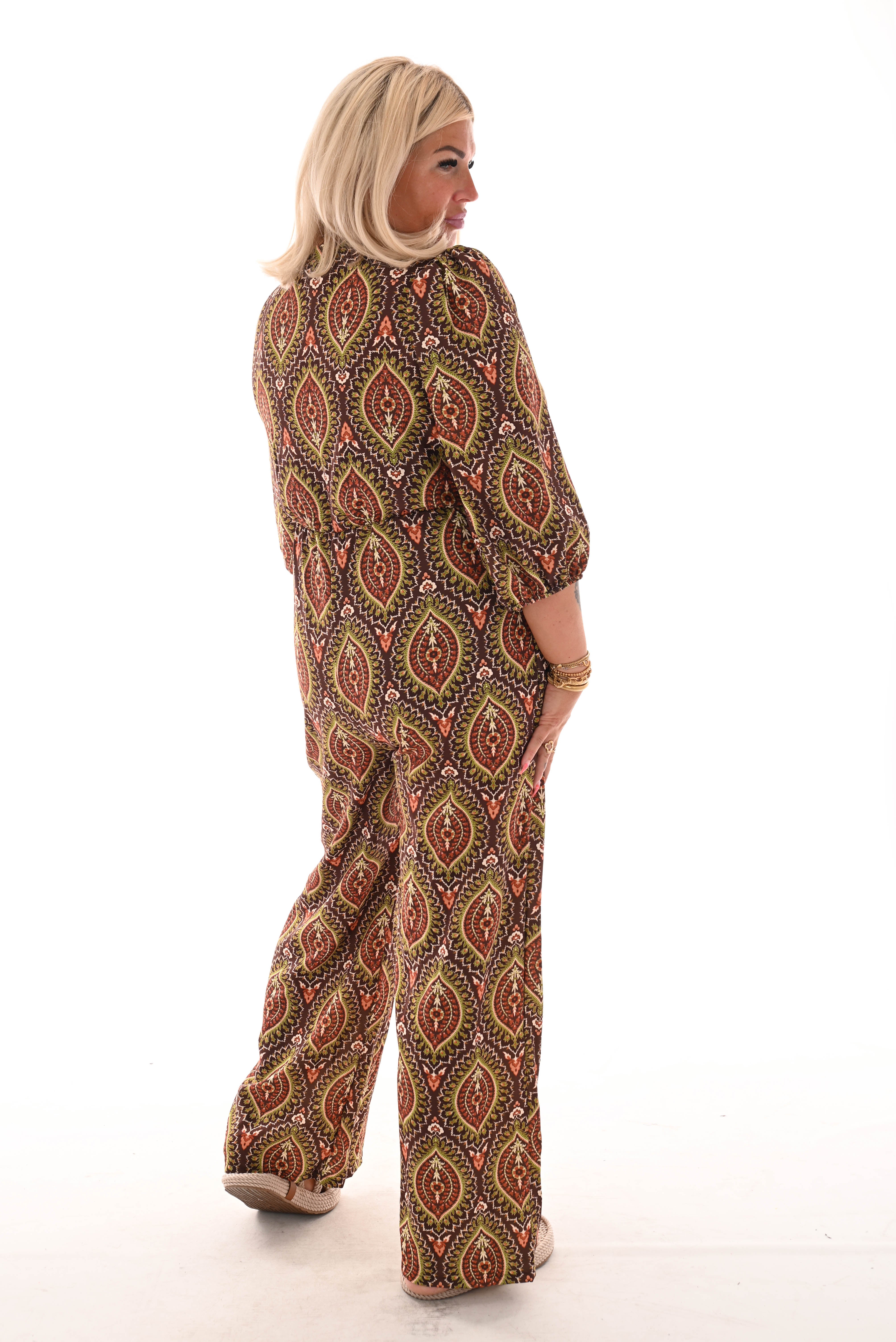 Jumpsuit overslag print paisley bruin/groen