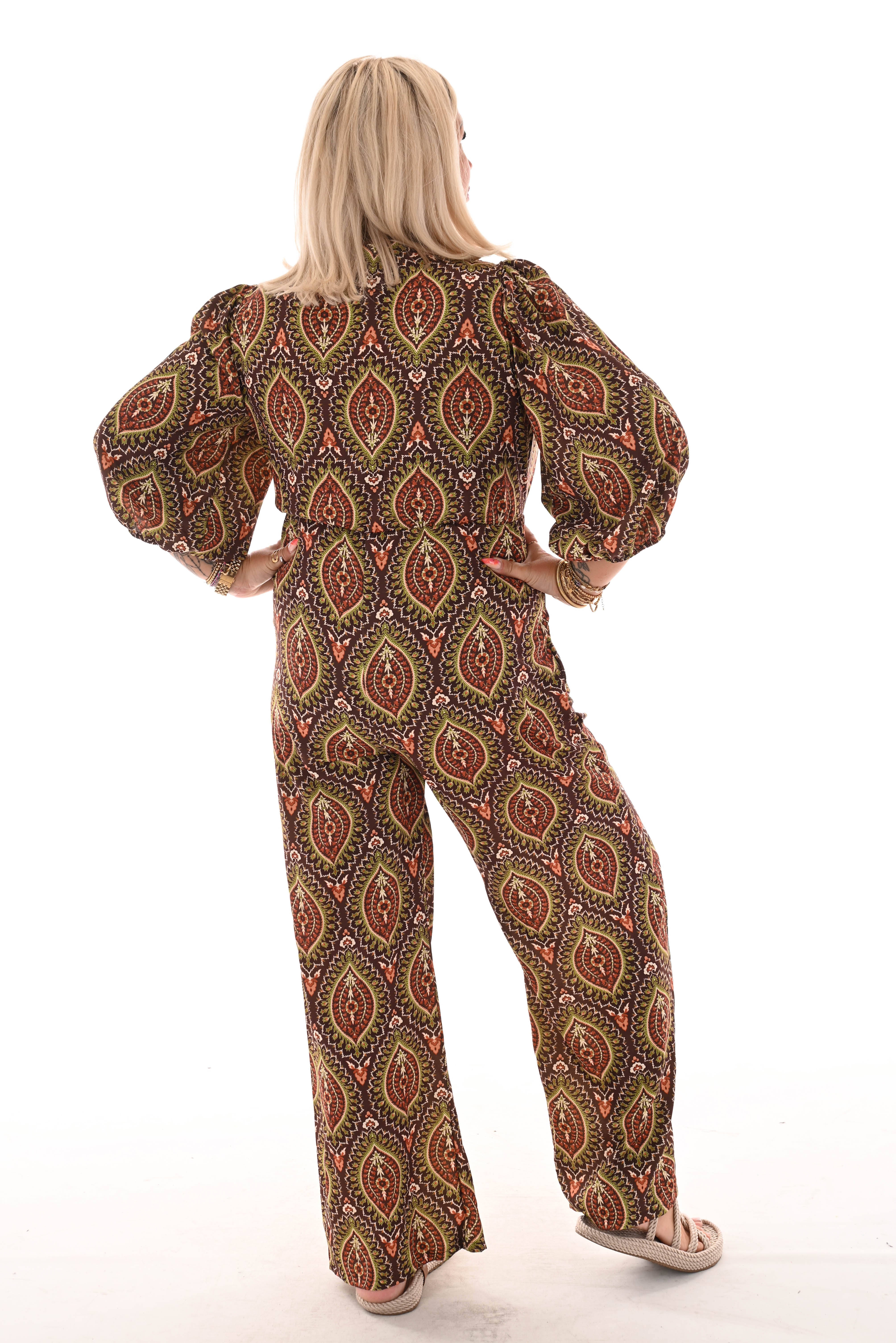 Jumpsuit overslag print paisley bruin/groen