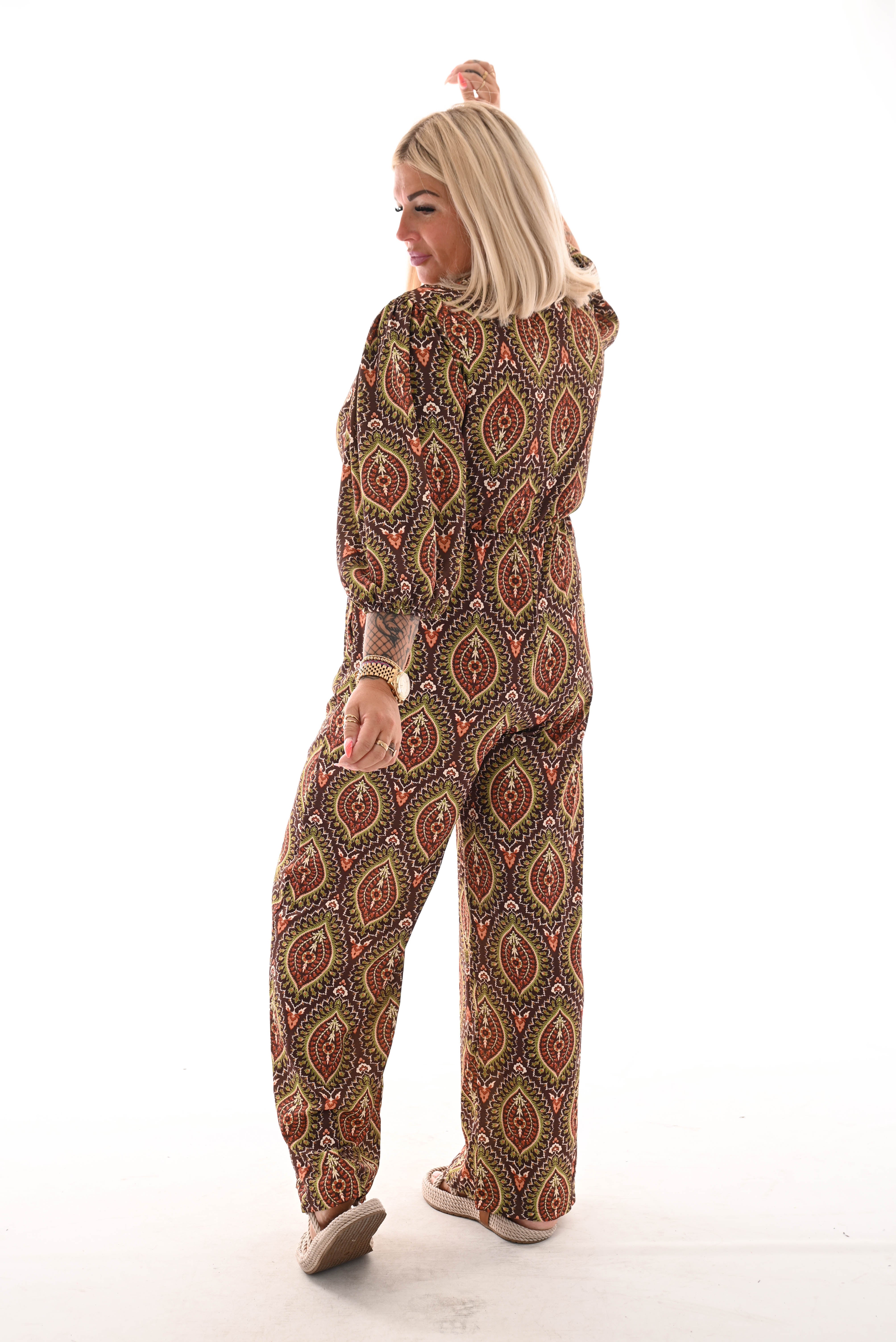 Jumpsuit overslag print paisley bruin/groen