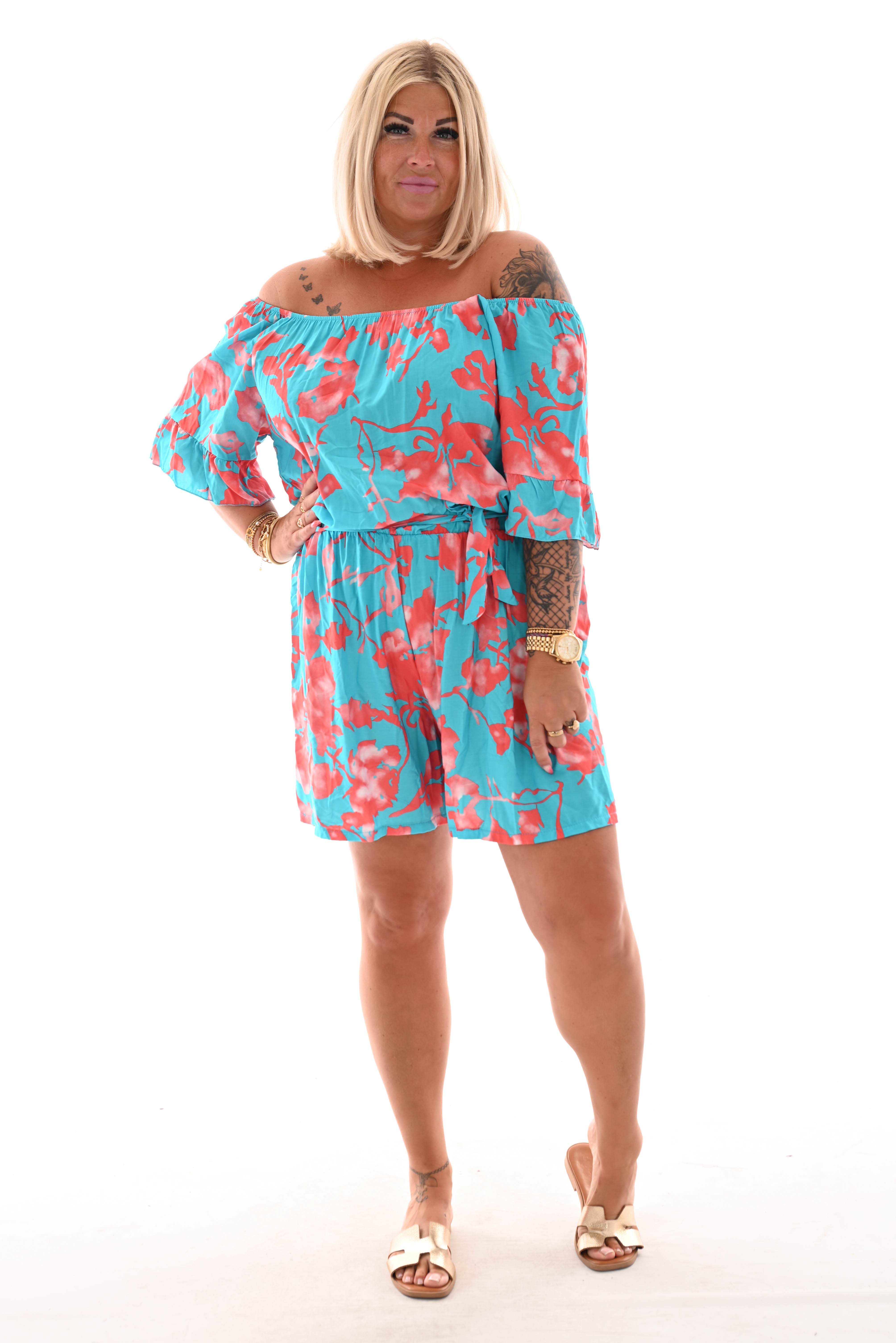 Playsuit off-shoulder grote bloem blauw/zalm