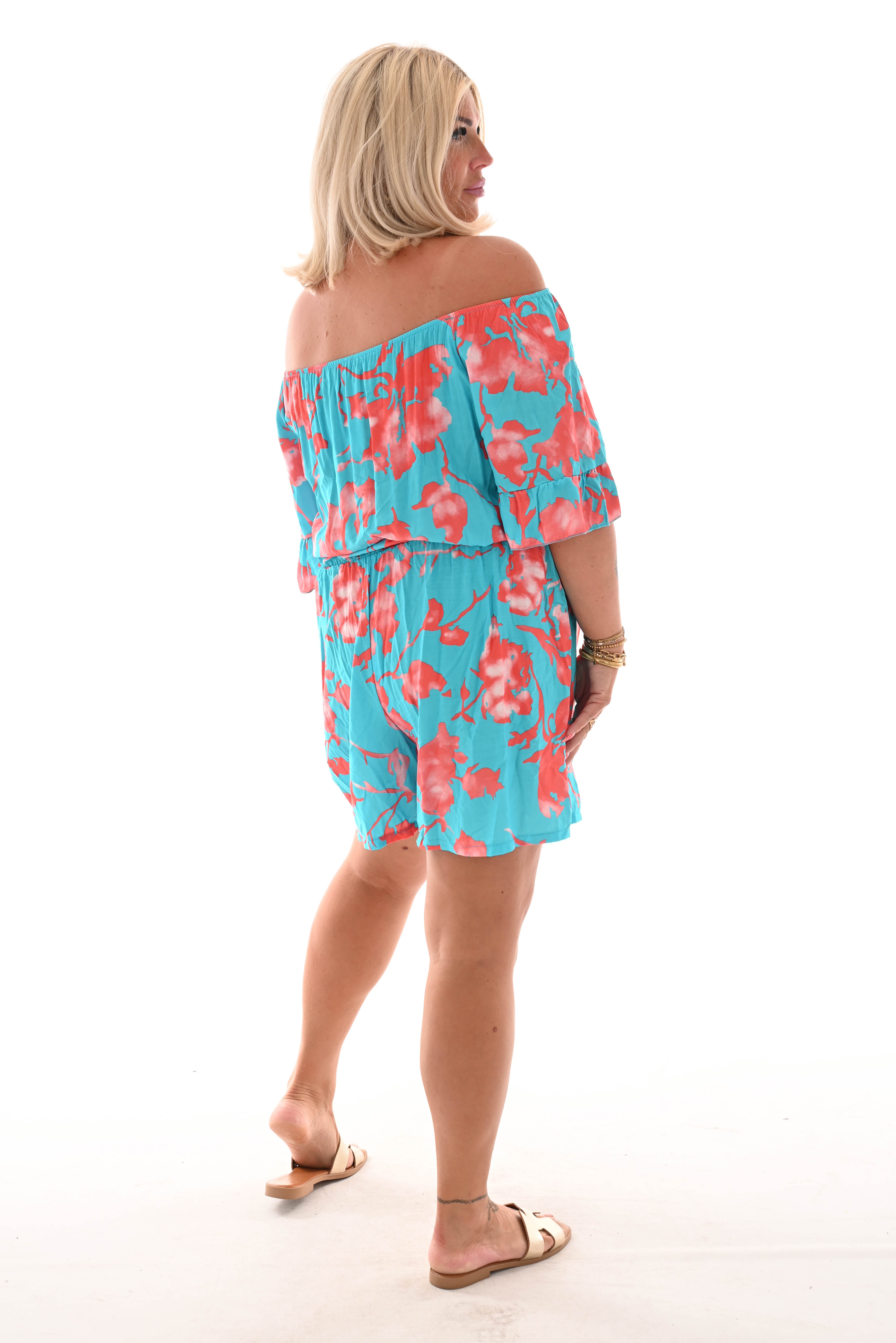 Playsuit off-shoulder grote bloem blauw/zalm