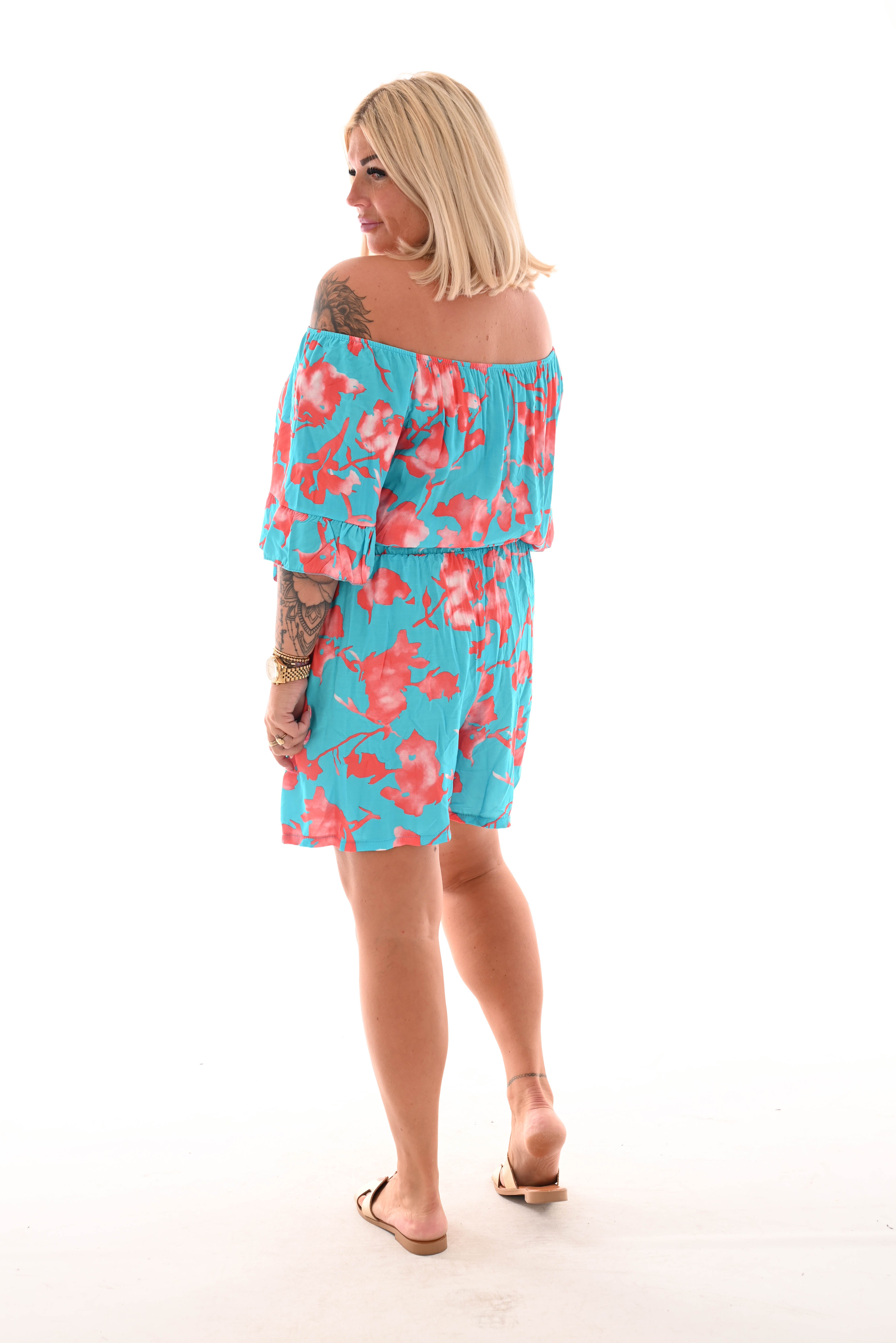 Playsuit off-shoulder grote bloem blauw/zalm