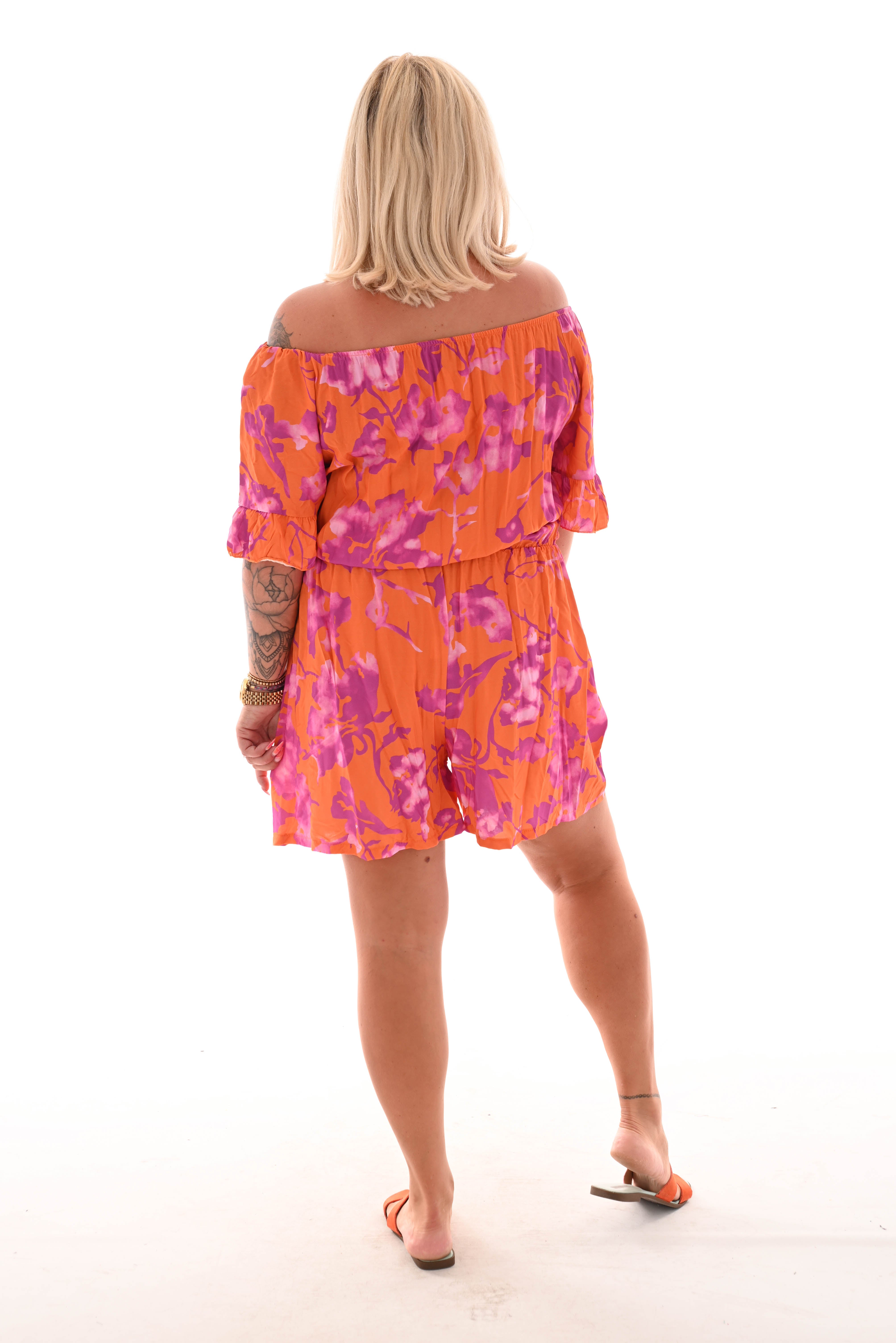 Playsuit off-shoulder grote bloem oranje/cyclaam