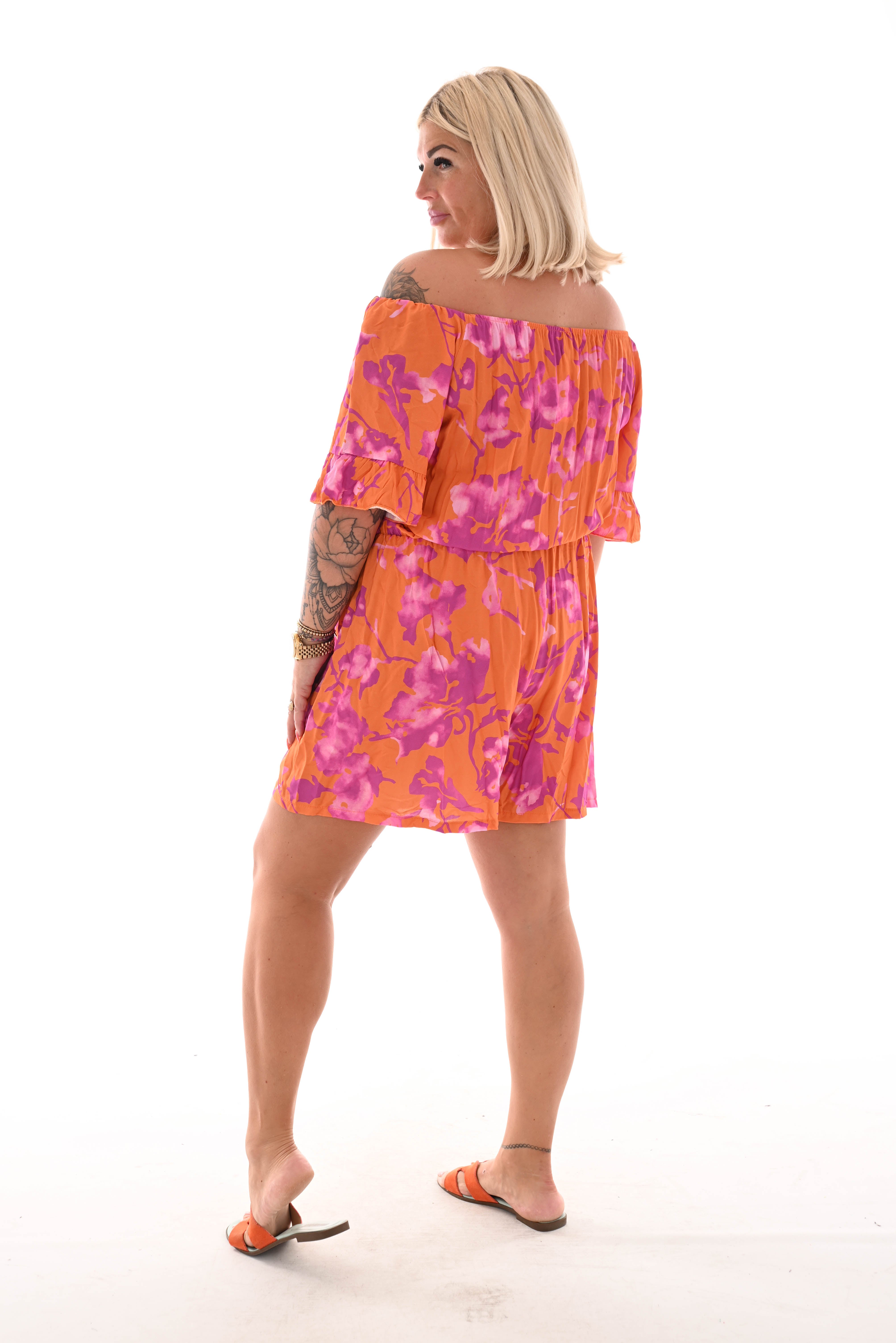 Playsuit off-shoulder grote bloem oranje/cyclaam
