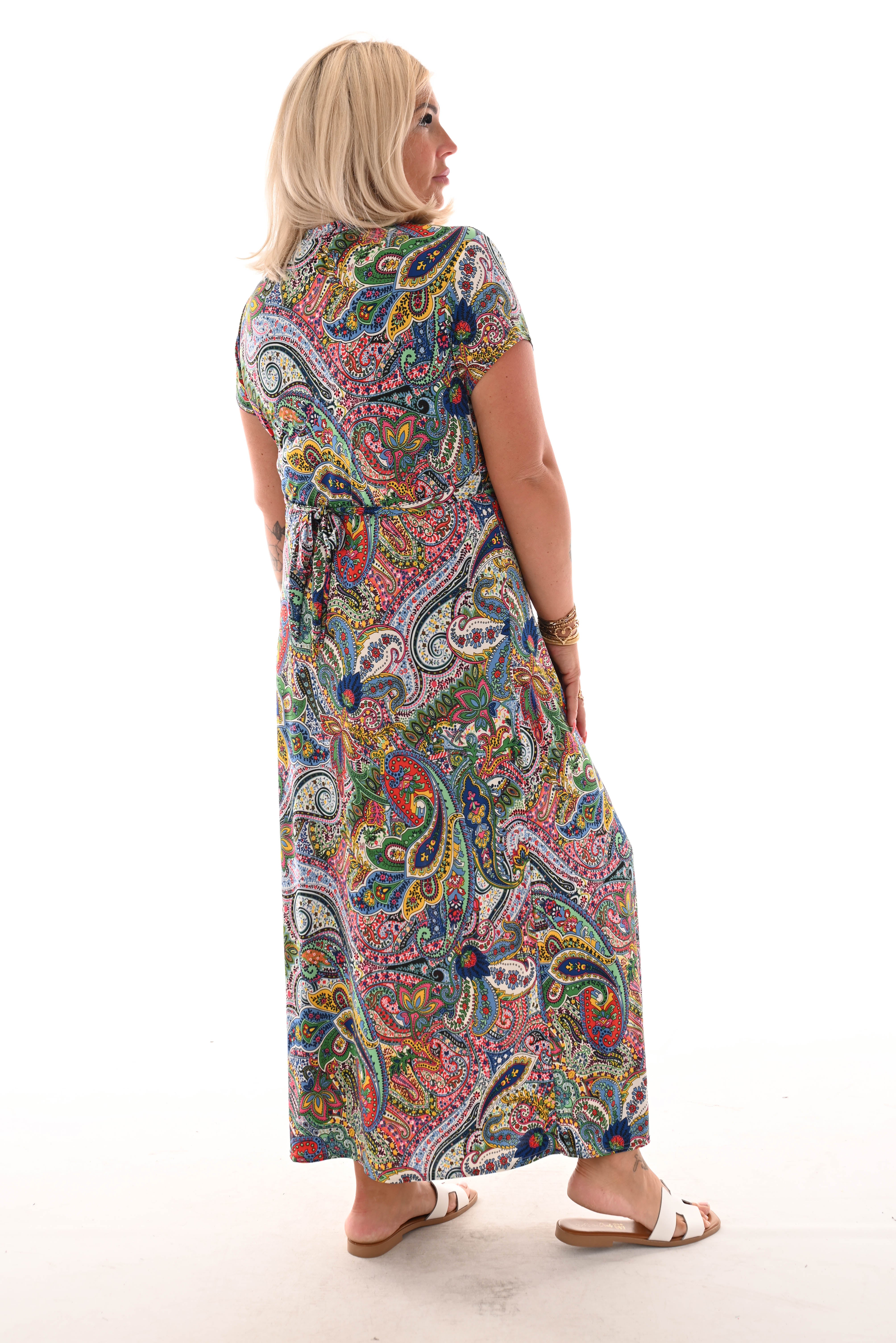Lange jurk knoopdetail print paisley kobaltblauw/groen