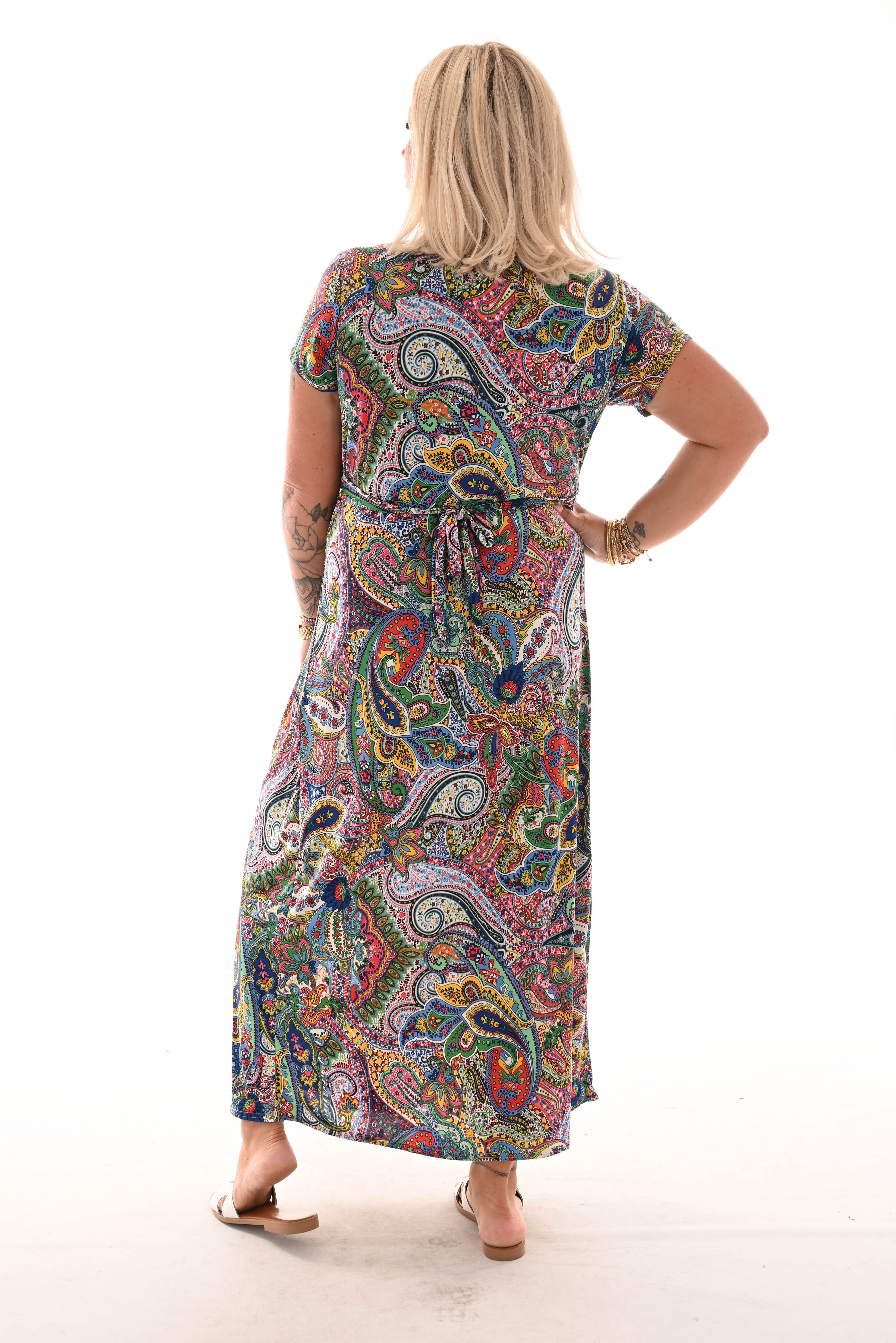 Lange jurk knoopdetail print paisley kobaltblauw/groen