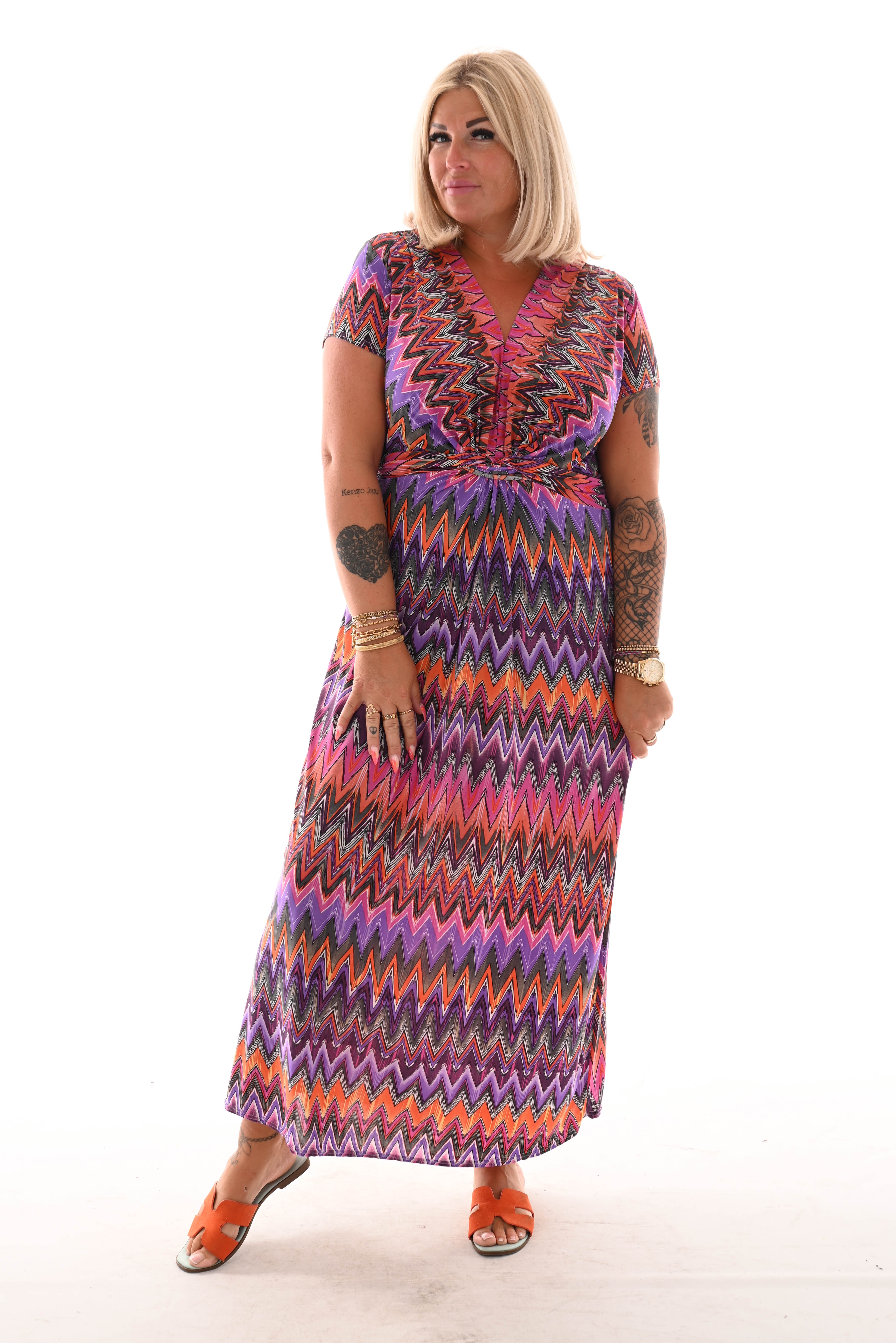 Lange jurk knoopdetail print zigzag paars