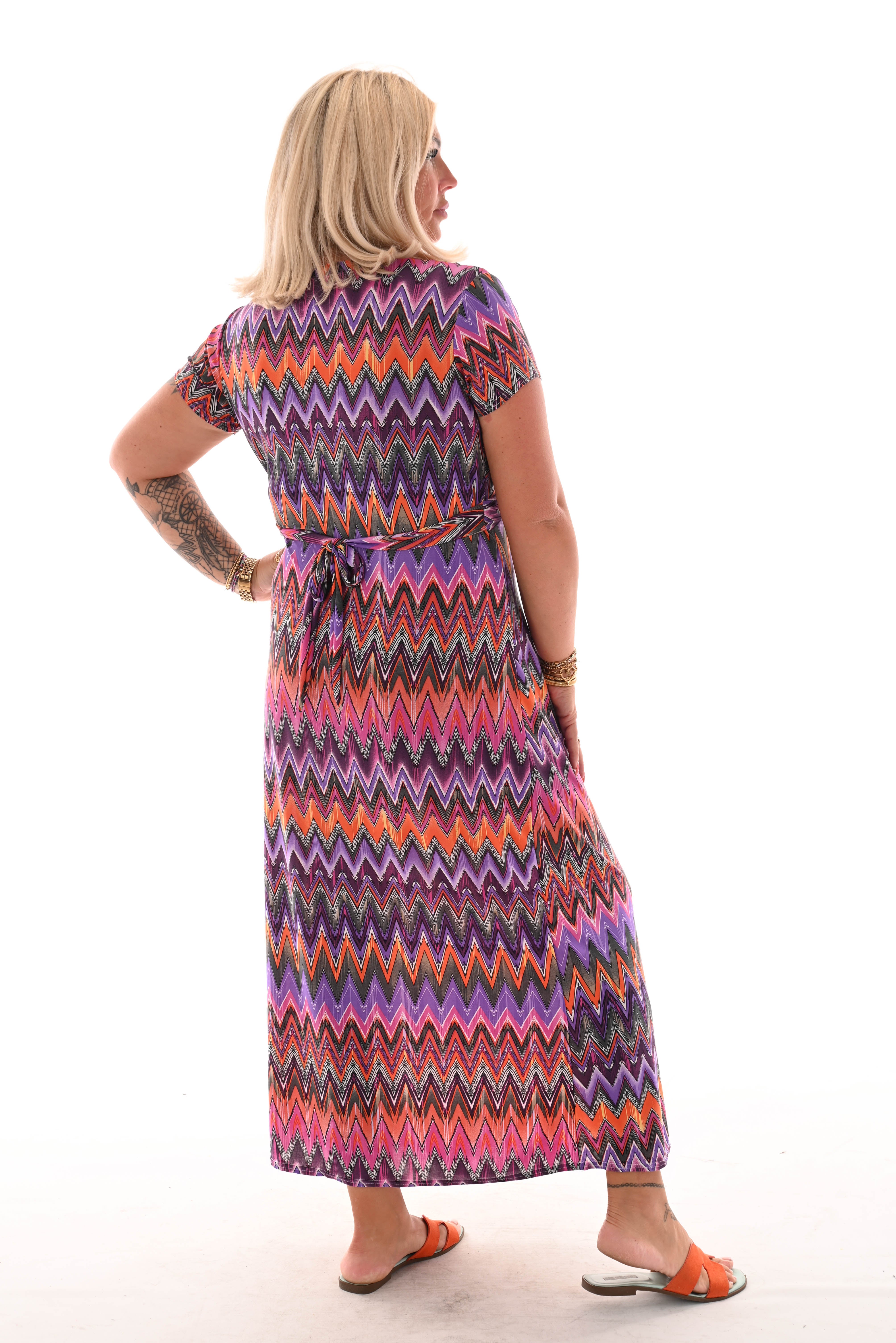 Lange jurk knoopdetail print zigzag paars