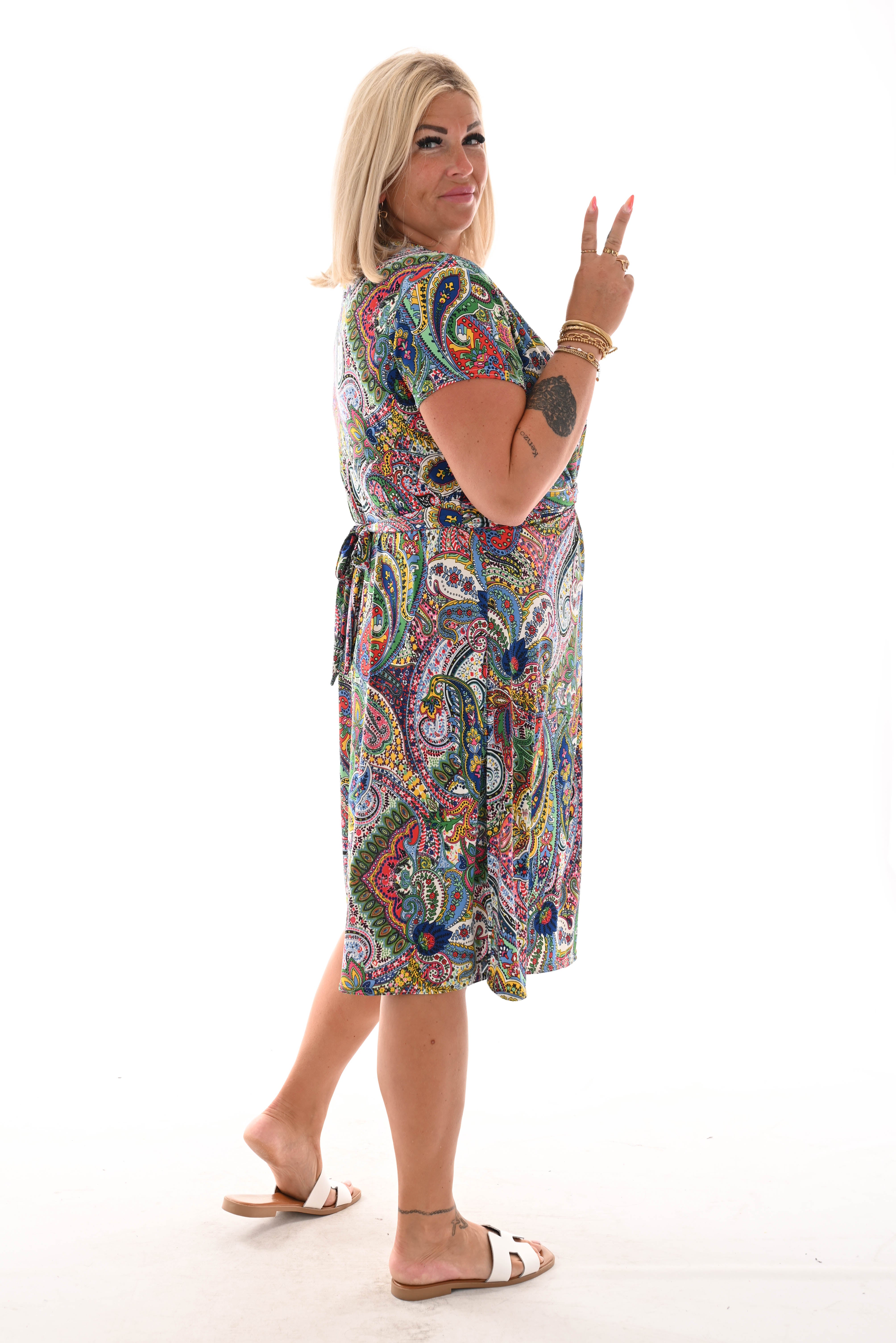Korte jurk knoopdetail print paisley kobaltblauw/groen
