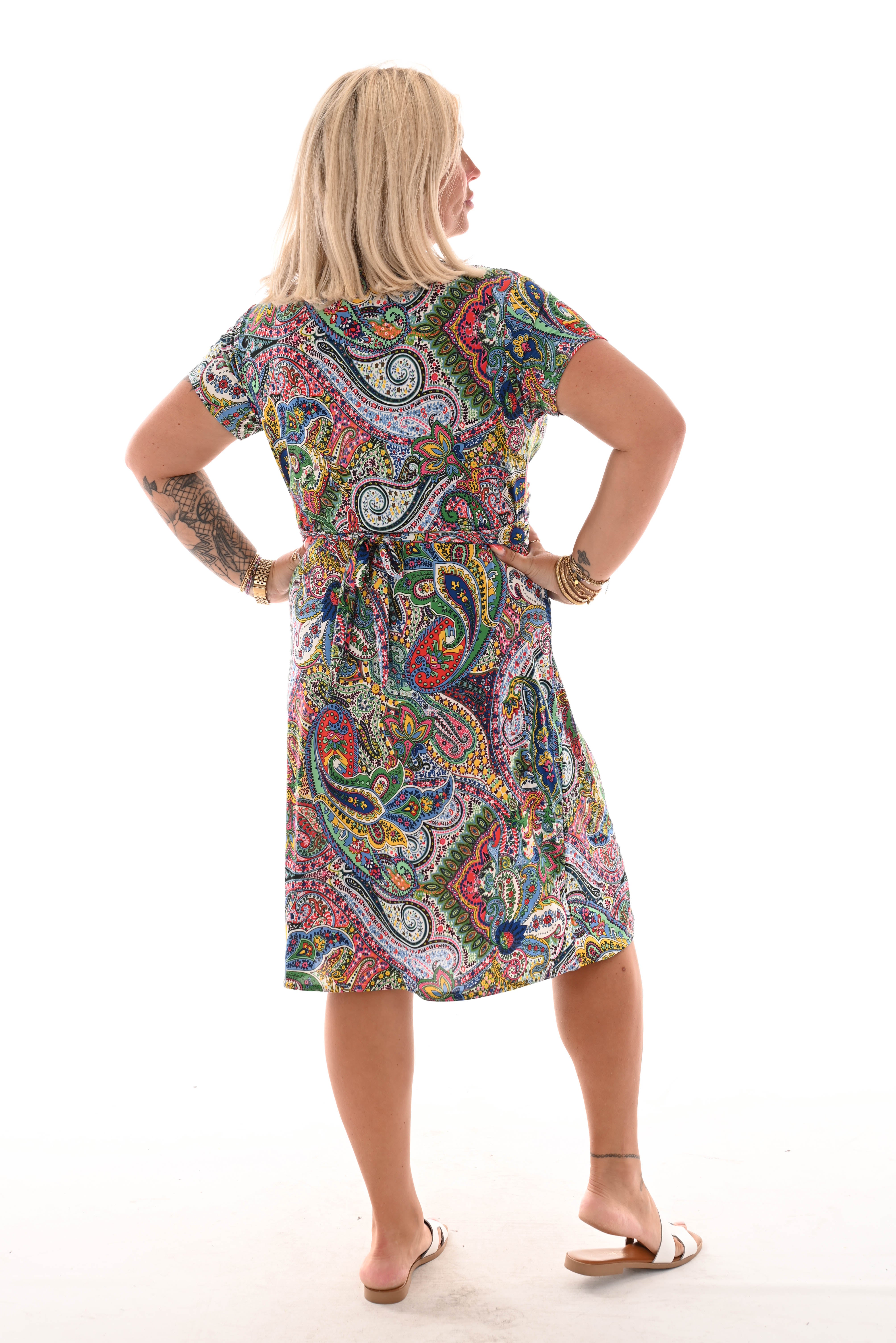 Korte jurk knoopdetail print paisley kobaltblauw/groen