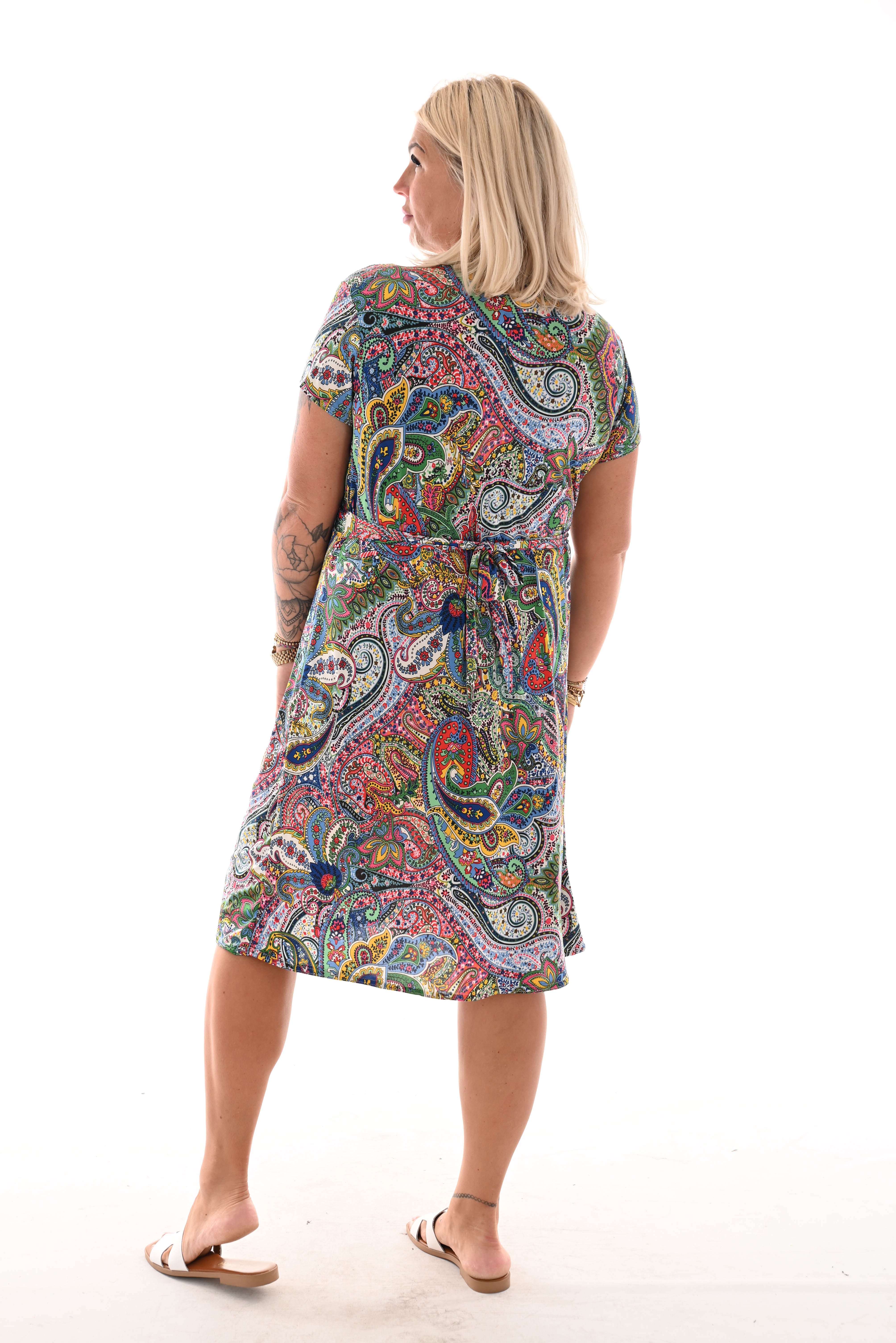 Korte jurk knoopdetail print paisley kobaltblauw/groen