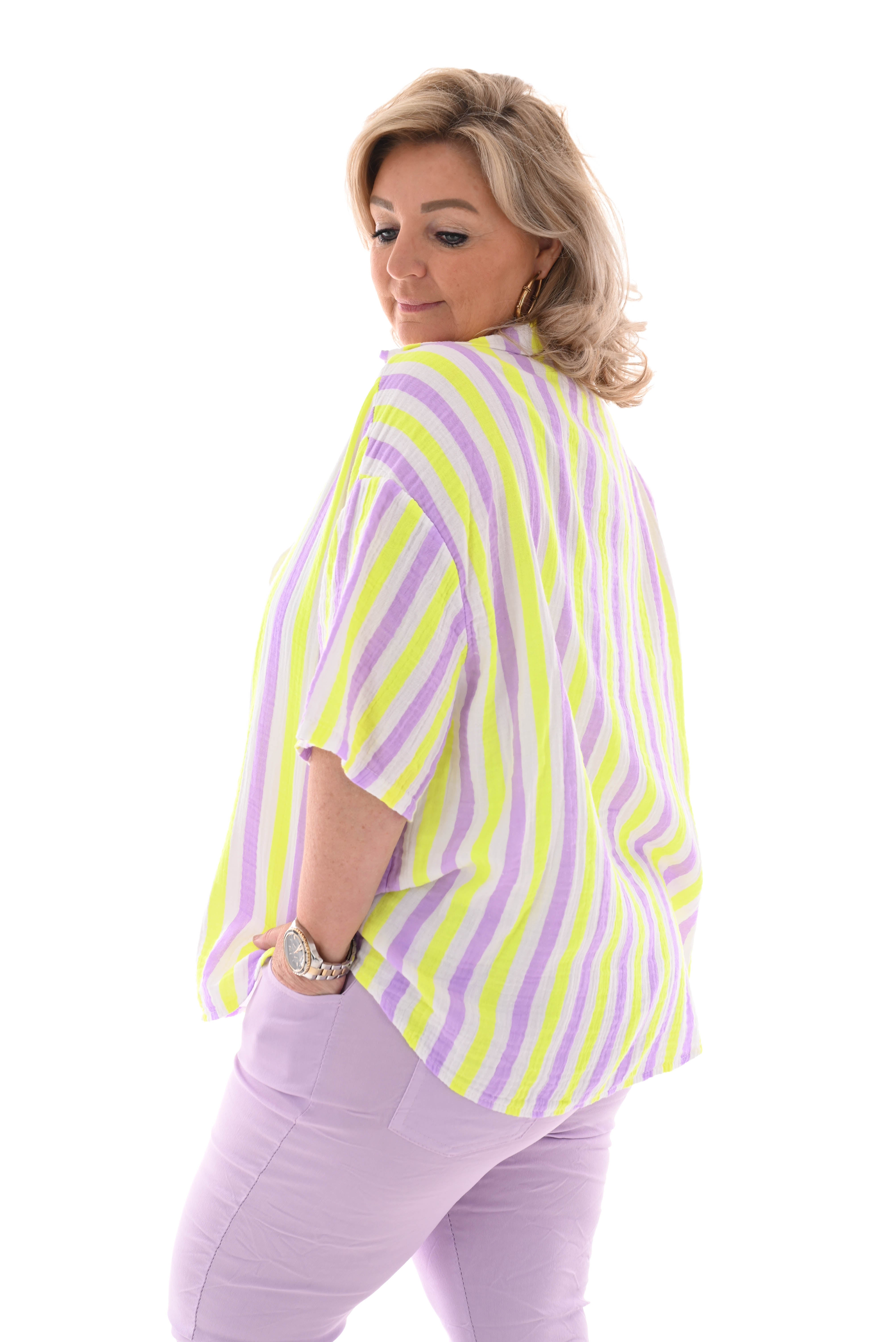 Blouse wafel korte mouwen lila/felgeel