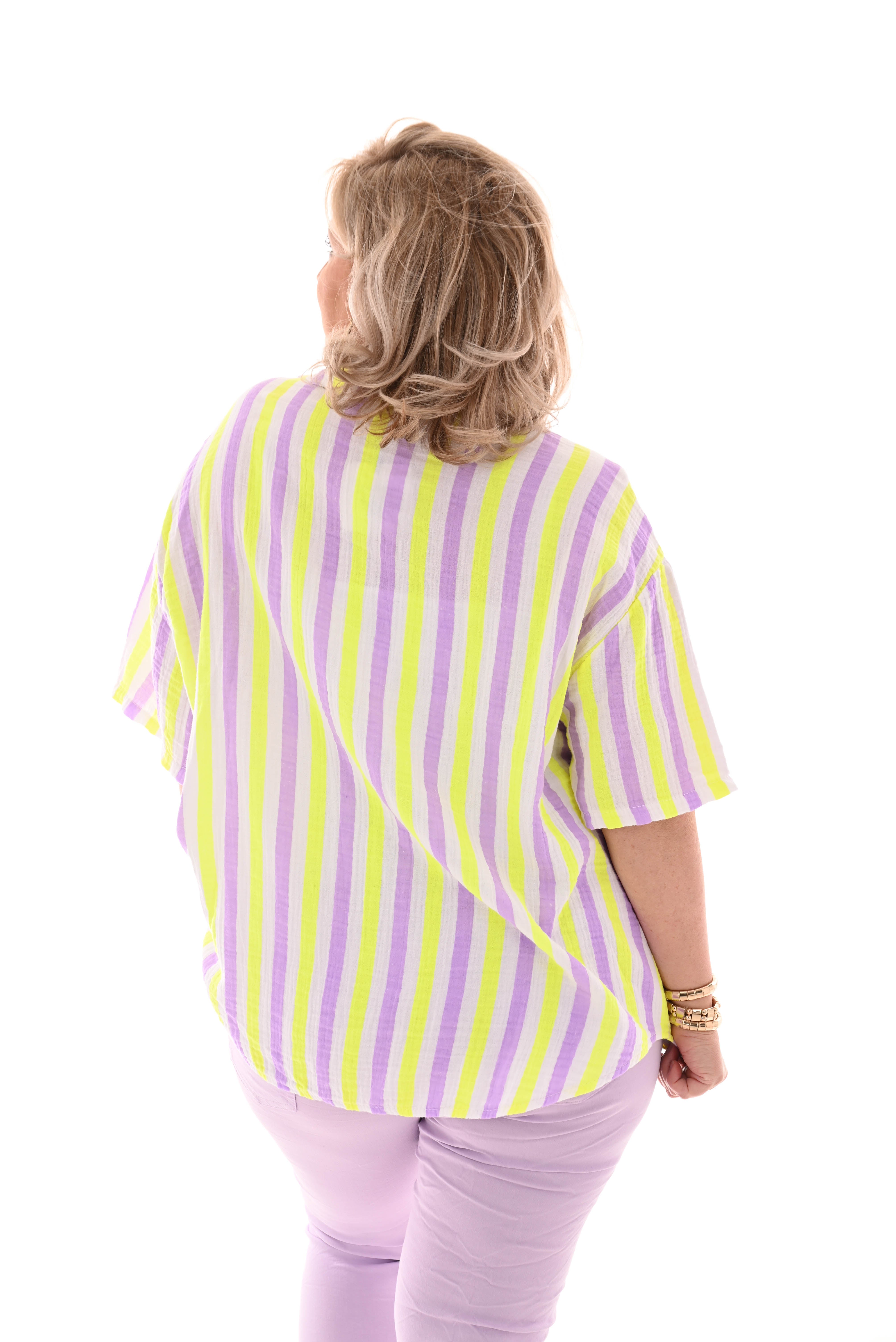 Blouse wafel korte mouwen lila/felgeel