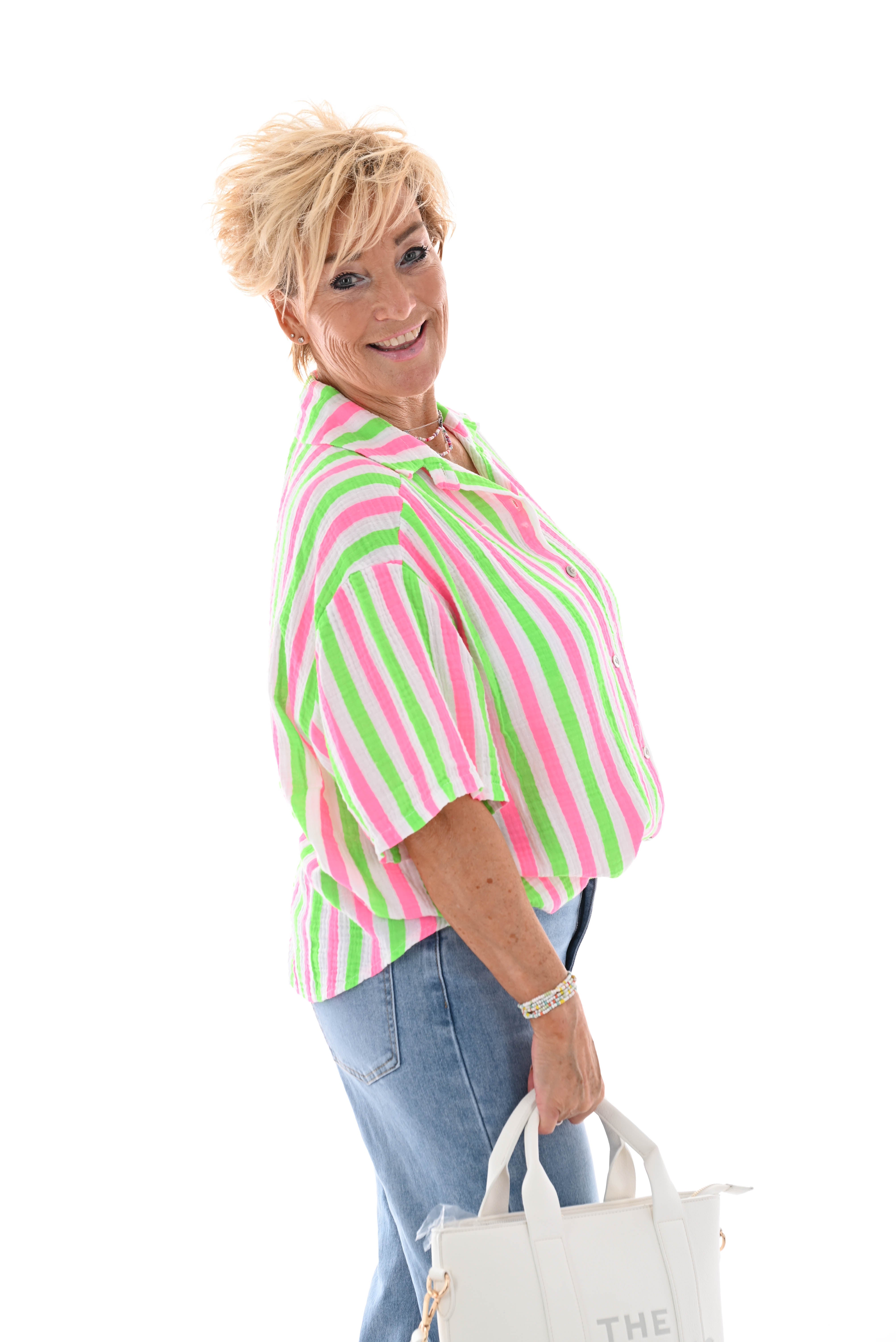 Blouse wafel korte mouwen felgroen/felroze