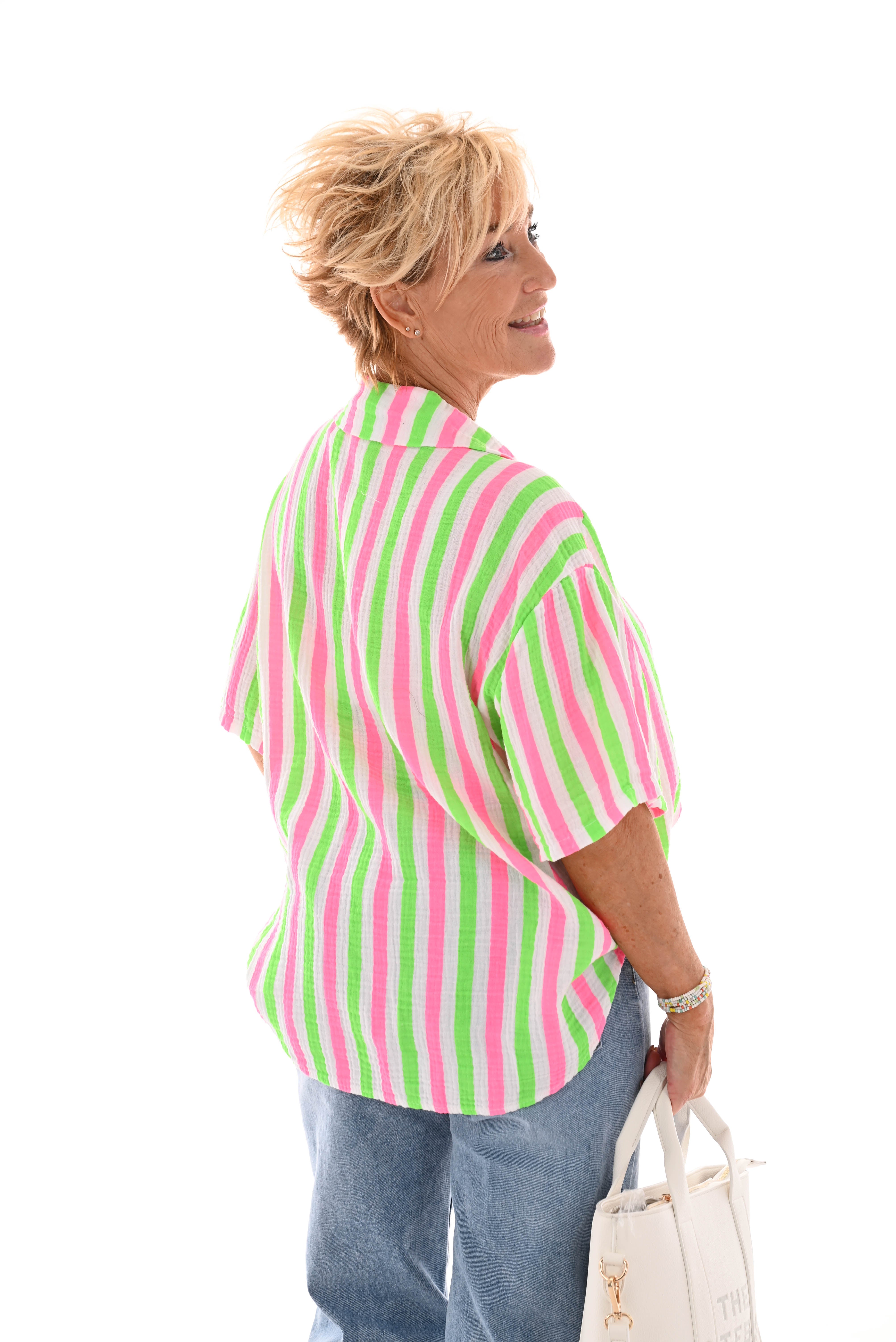 Blouse wafel korte mouwen felgroen/felroze