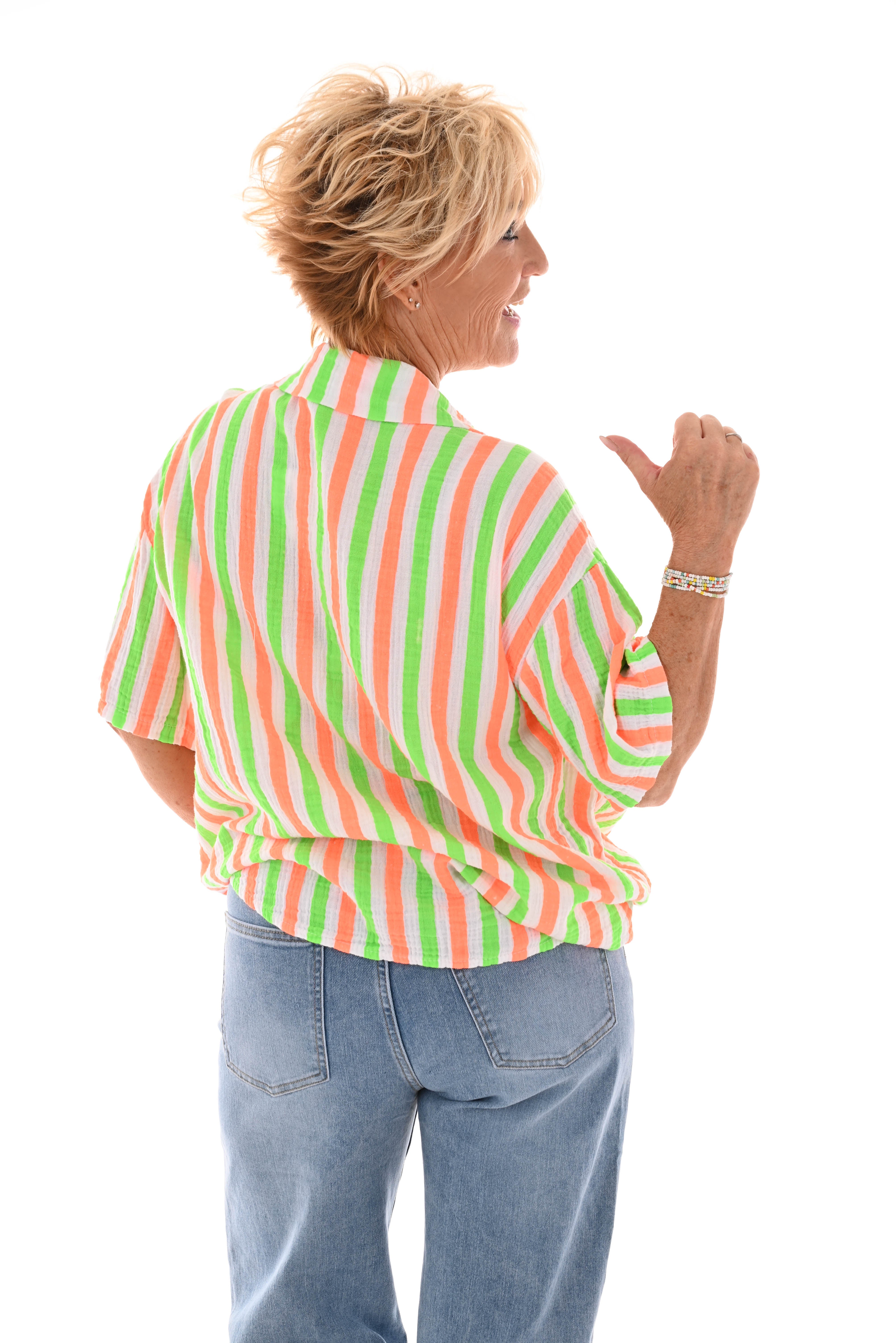 Blouse wafel korte mouwen felgroen/fel oranje