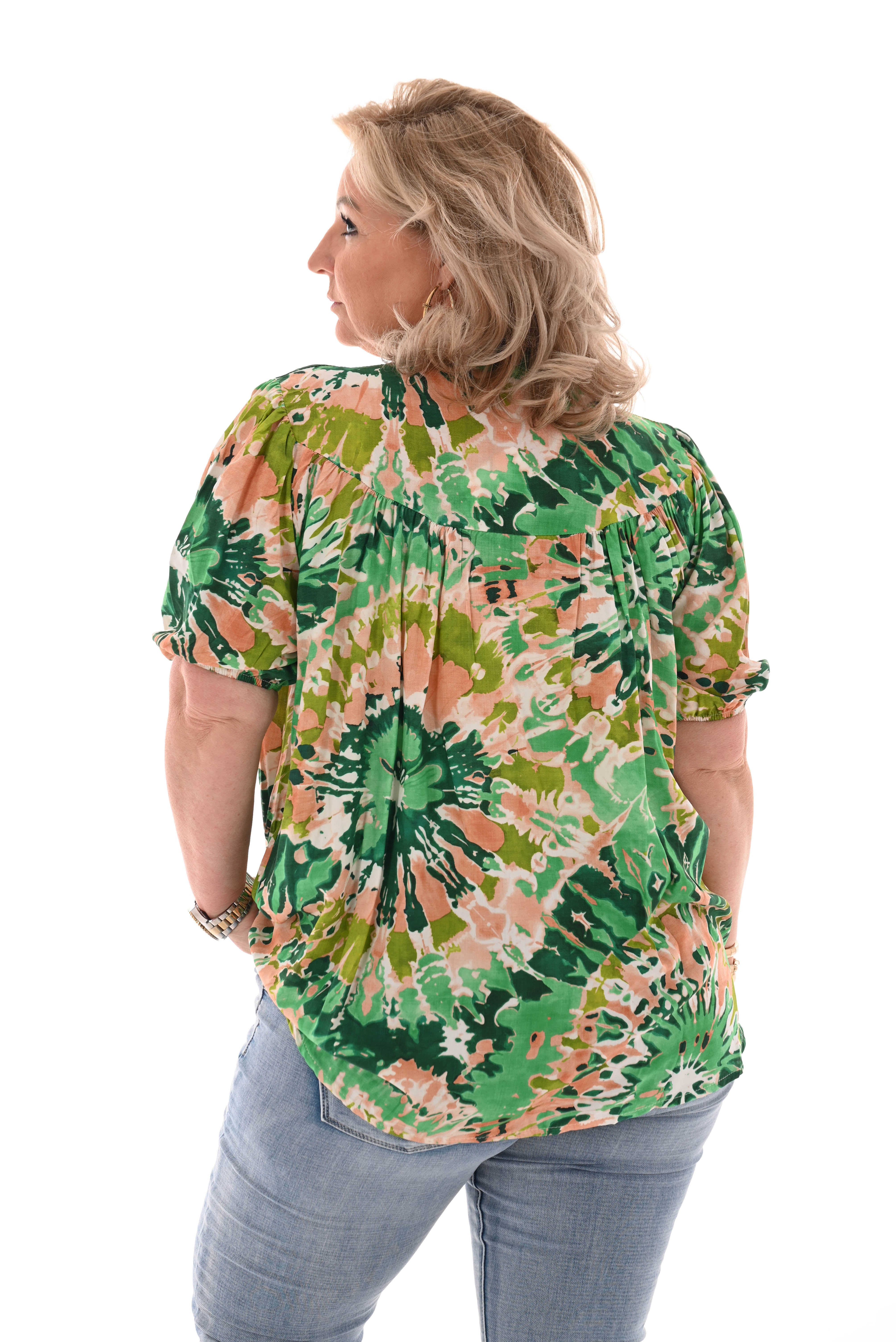 Top v-hals pofmouwen tie-dye groen