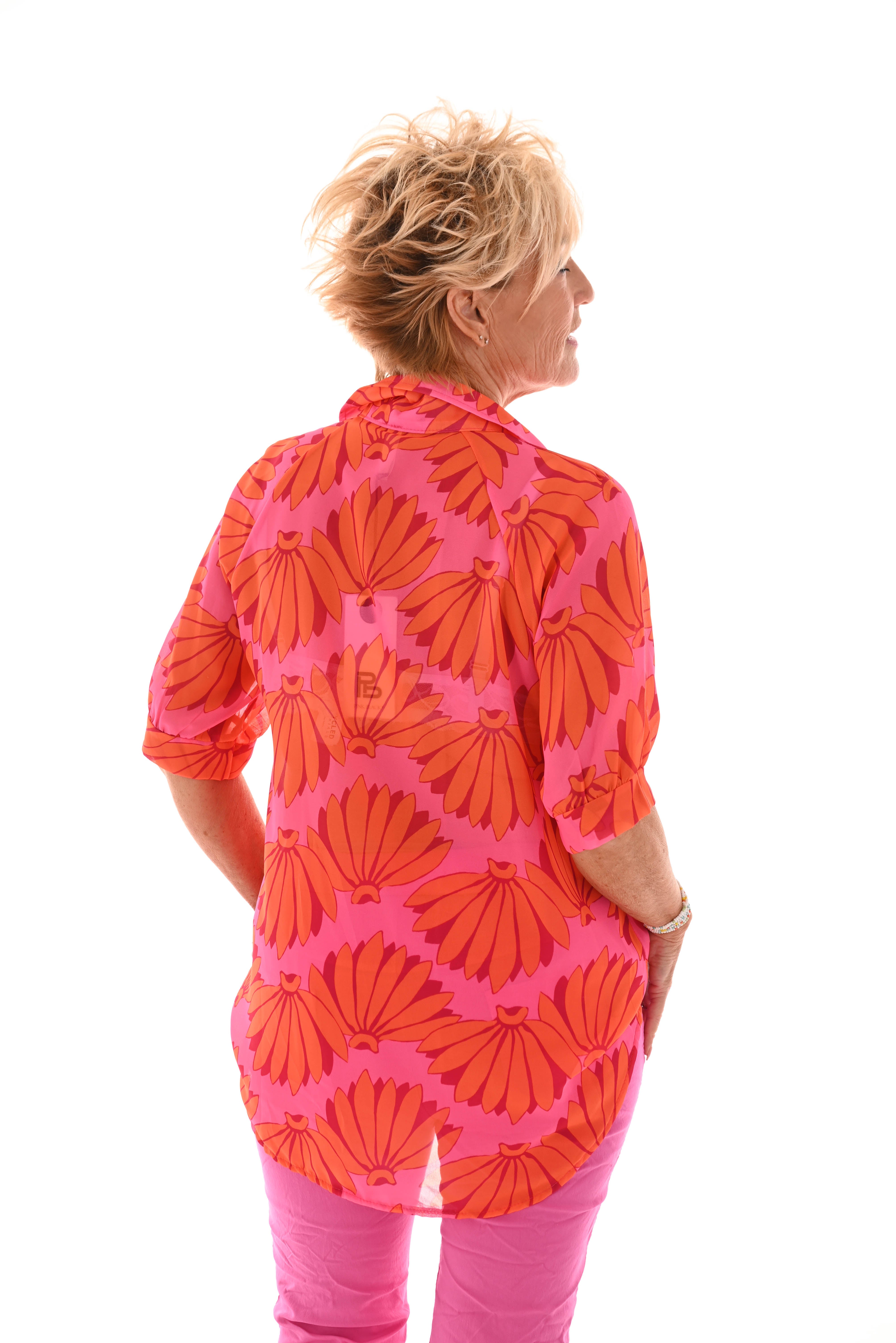 Blouse pofmouwen v-hals bloemen roze/oranje