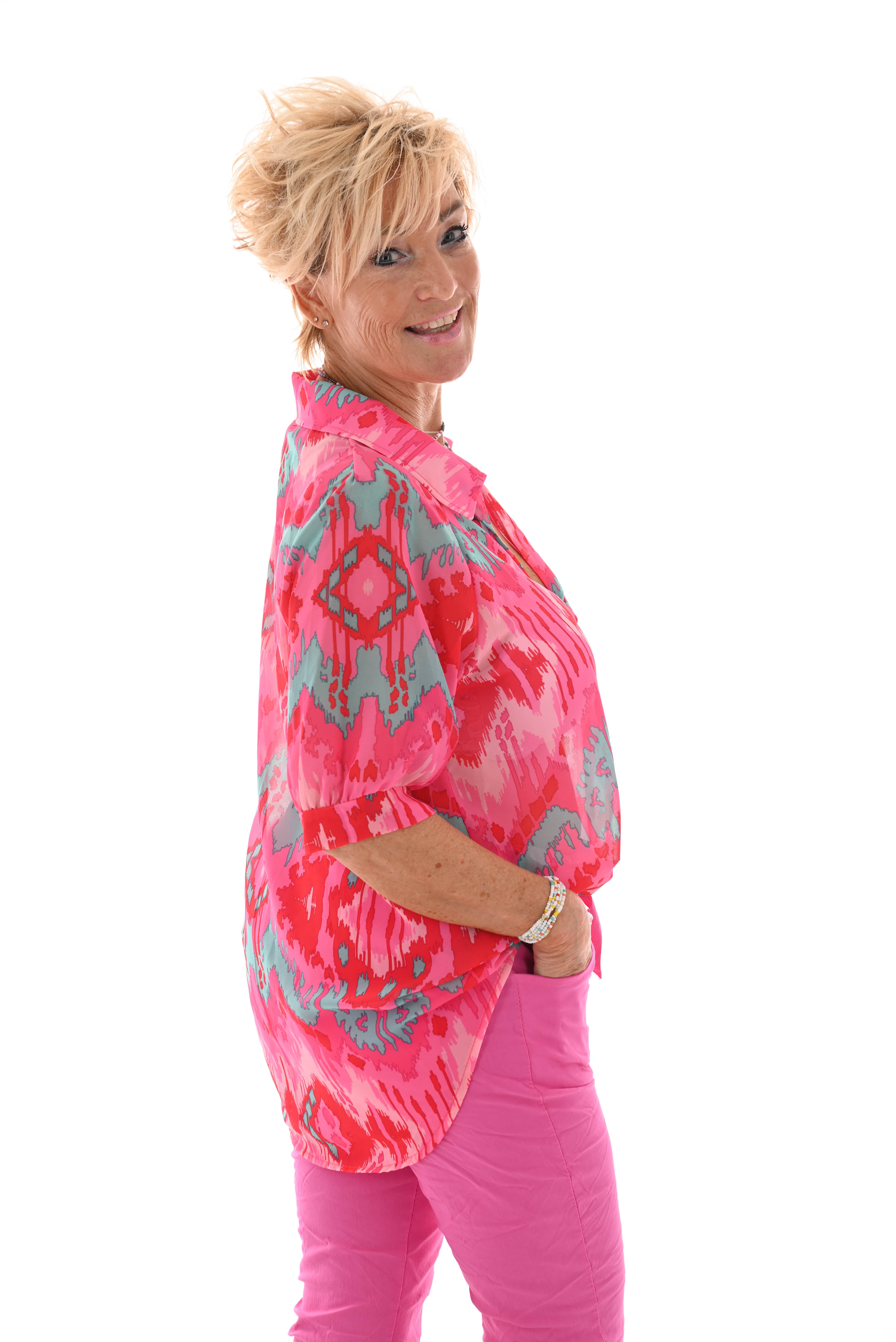 Blouse pofmouwen v-hals paisley roze/turquoise
