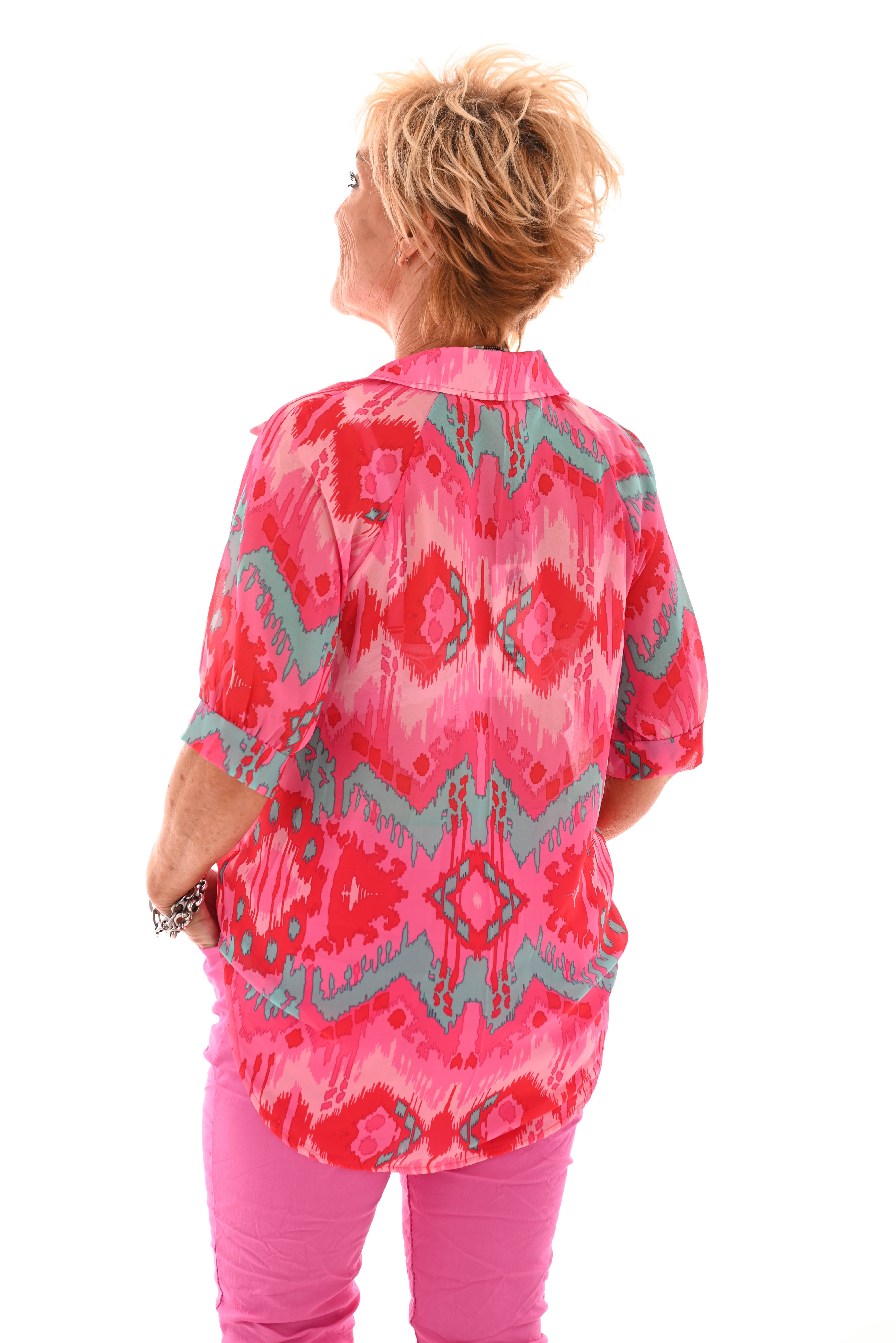 Blouse pofmouwen v-hals paisley roze/turquoise