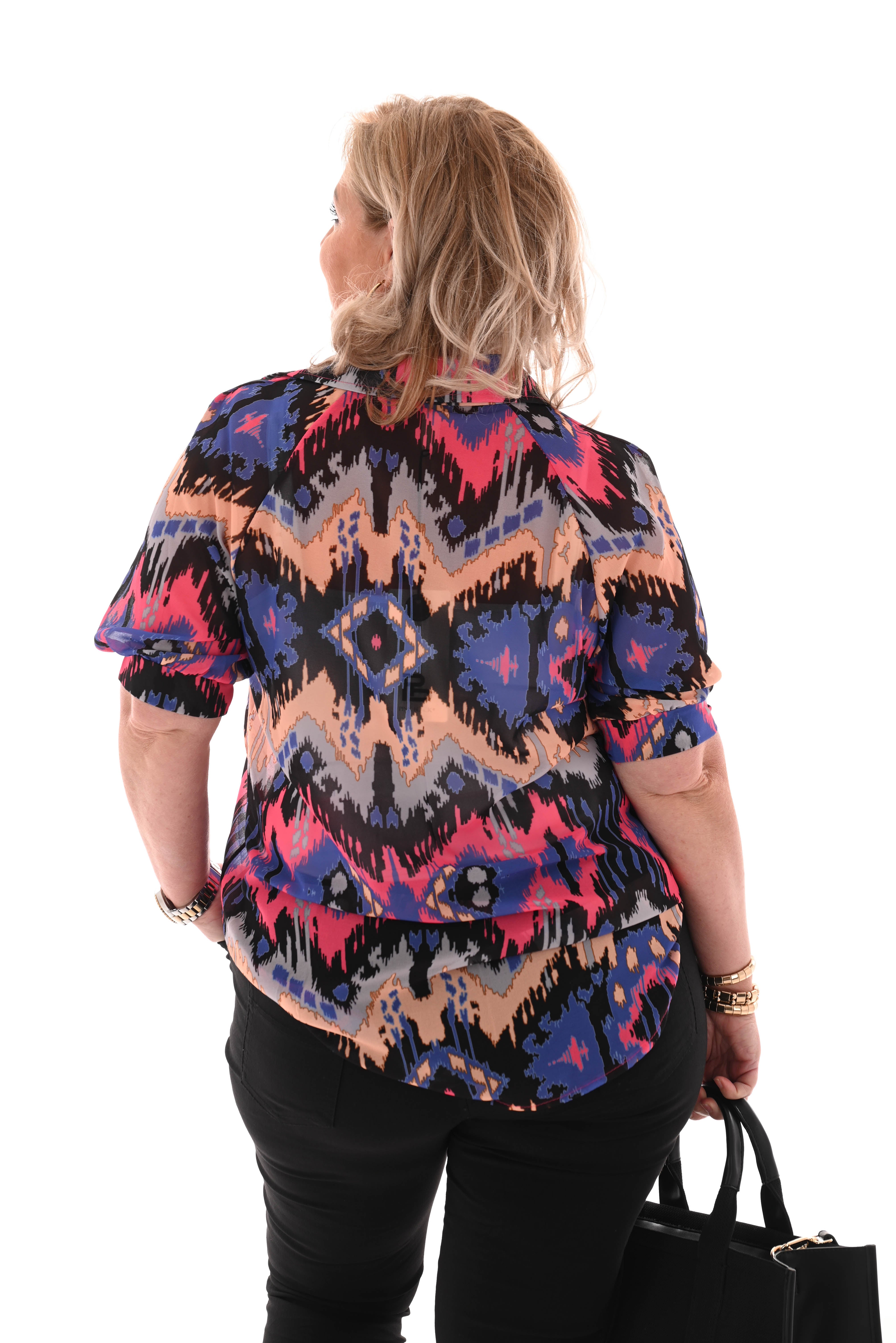 Blouse pofmouwen v-hals paisley zwart/roze
