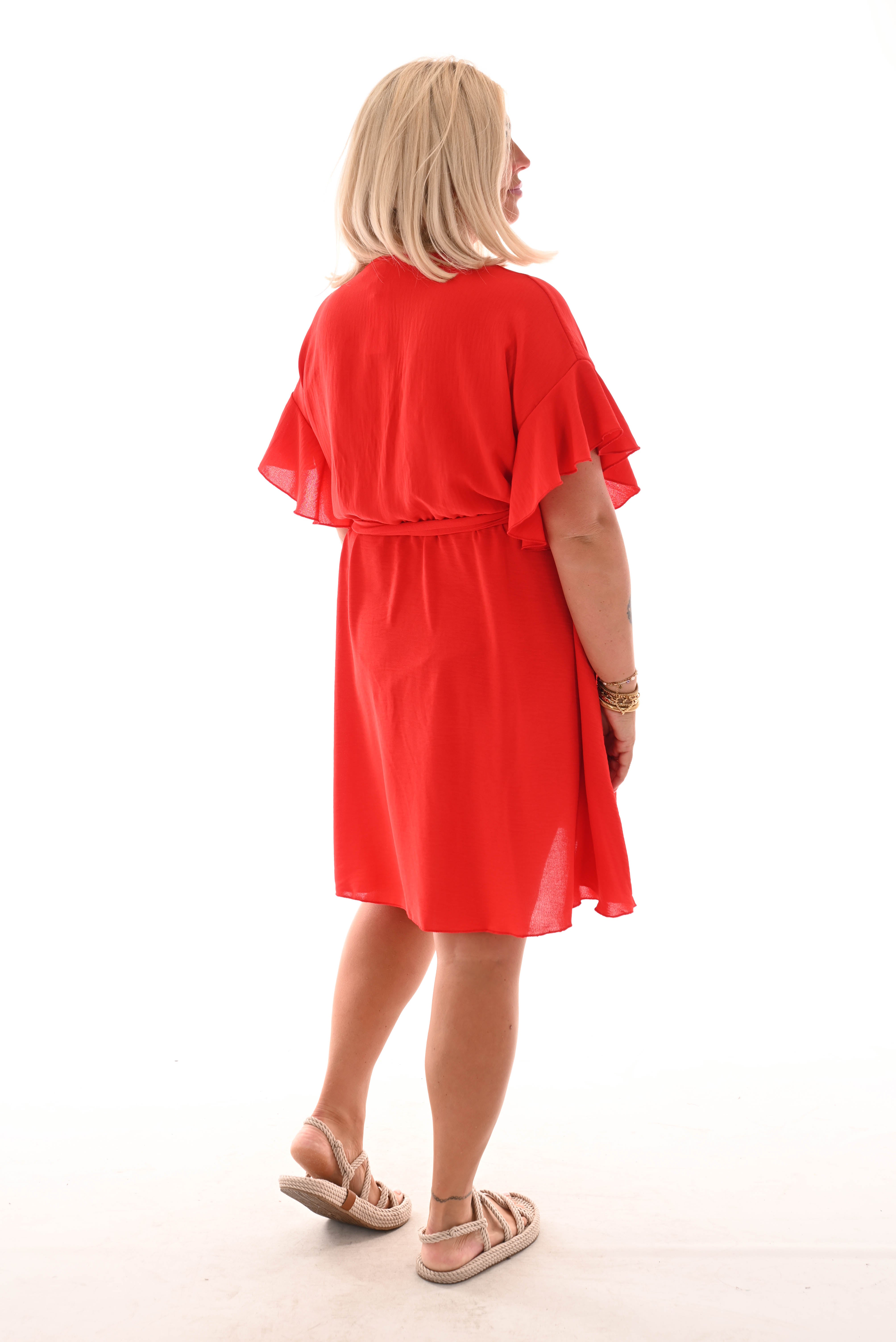 Korte jurk roezelmouwen met strik uni rood