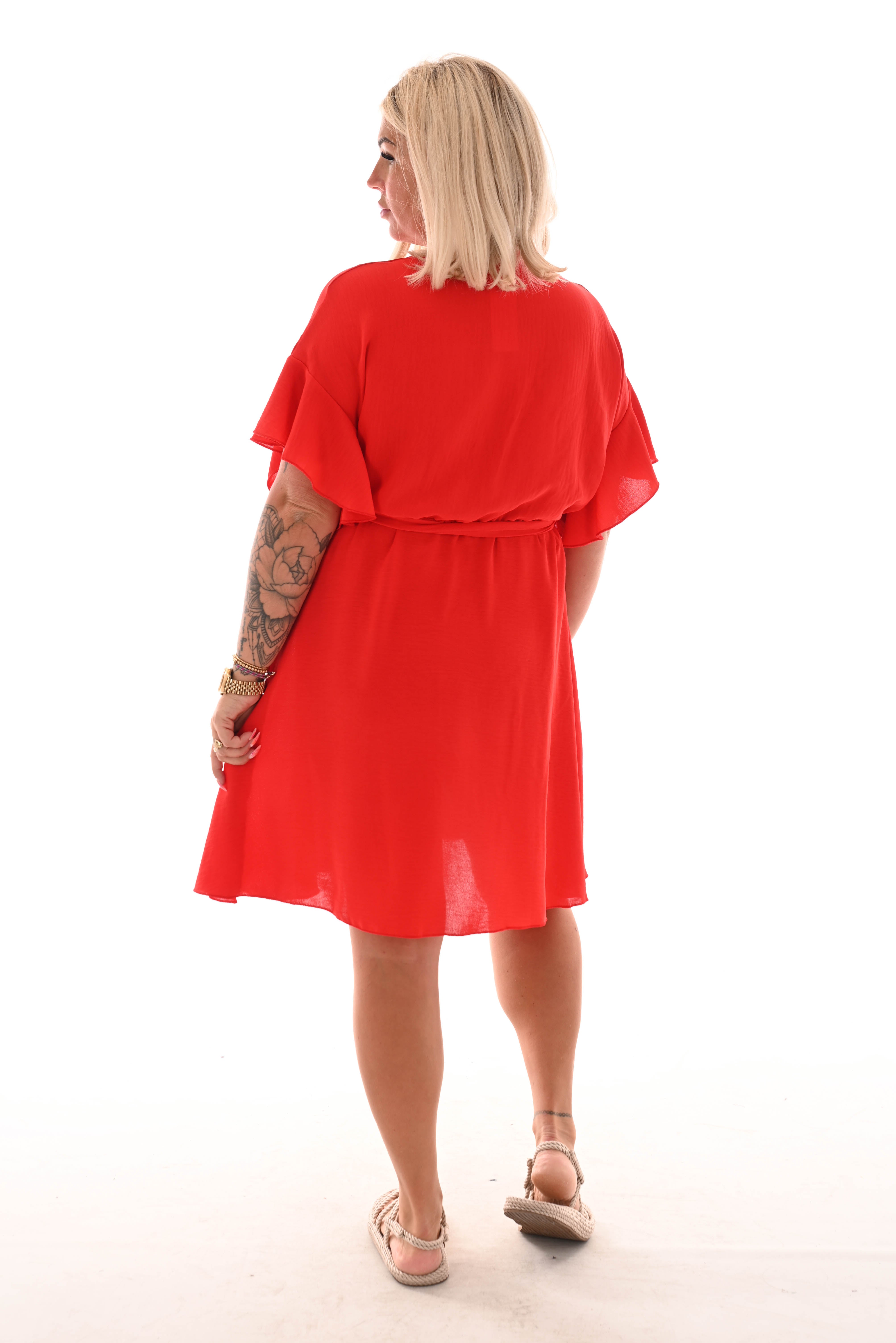 Korte jurk roezelmouwen met strik uni rood